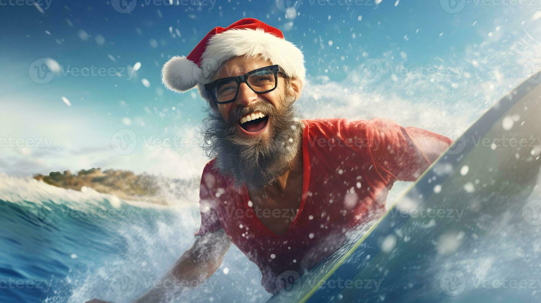 Man surfing in Santa Claus costume. Christmas vacation concept. AI generated image. photo