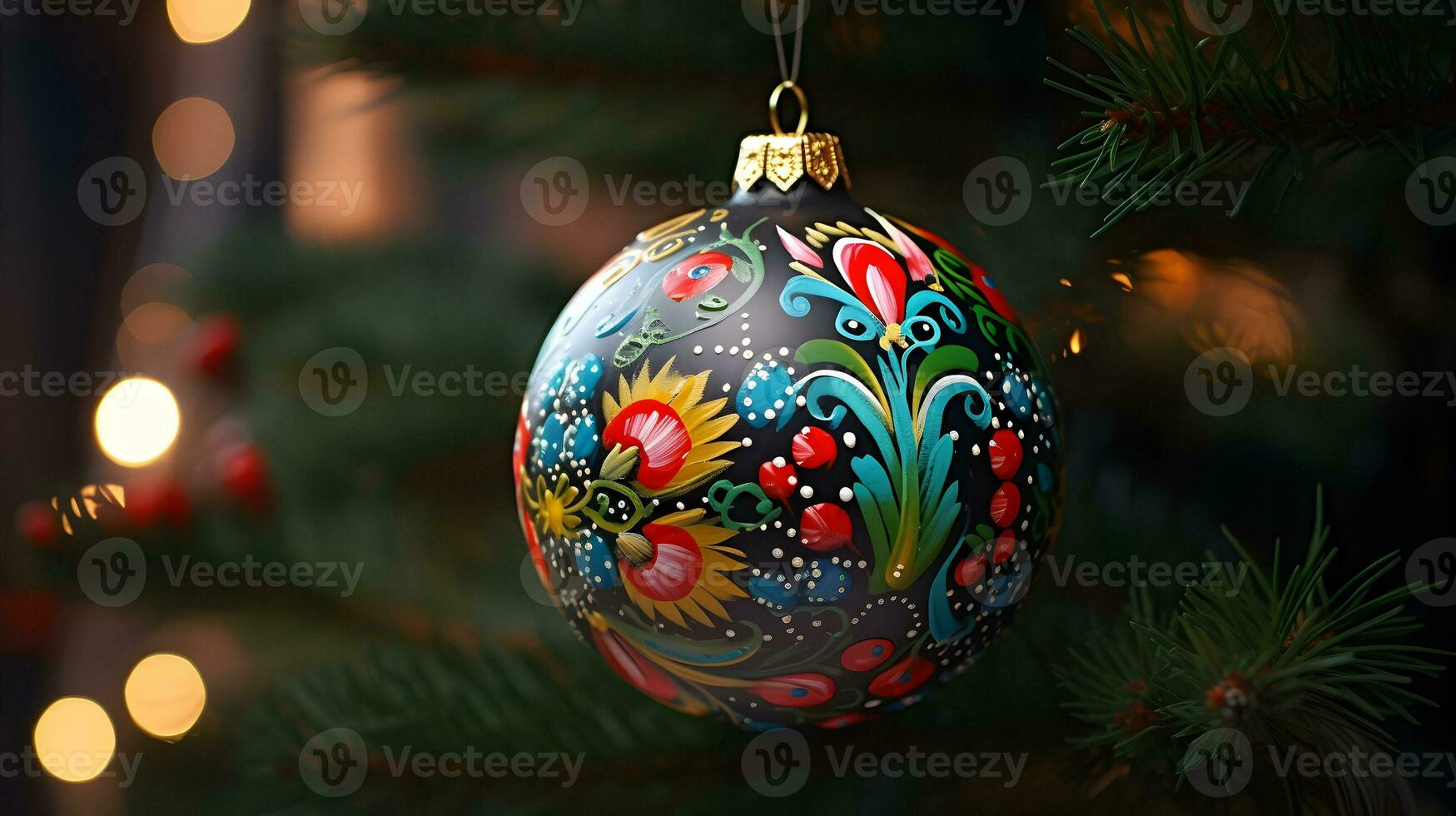 Christmas tree ball with folk ornament. AI generated image. photo