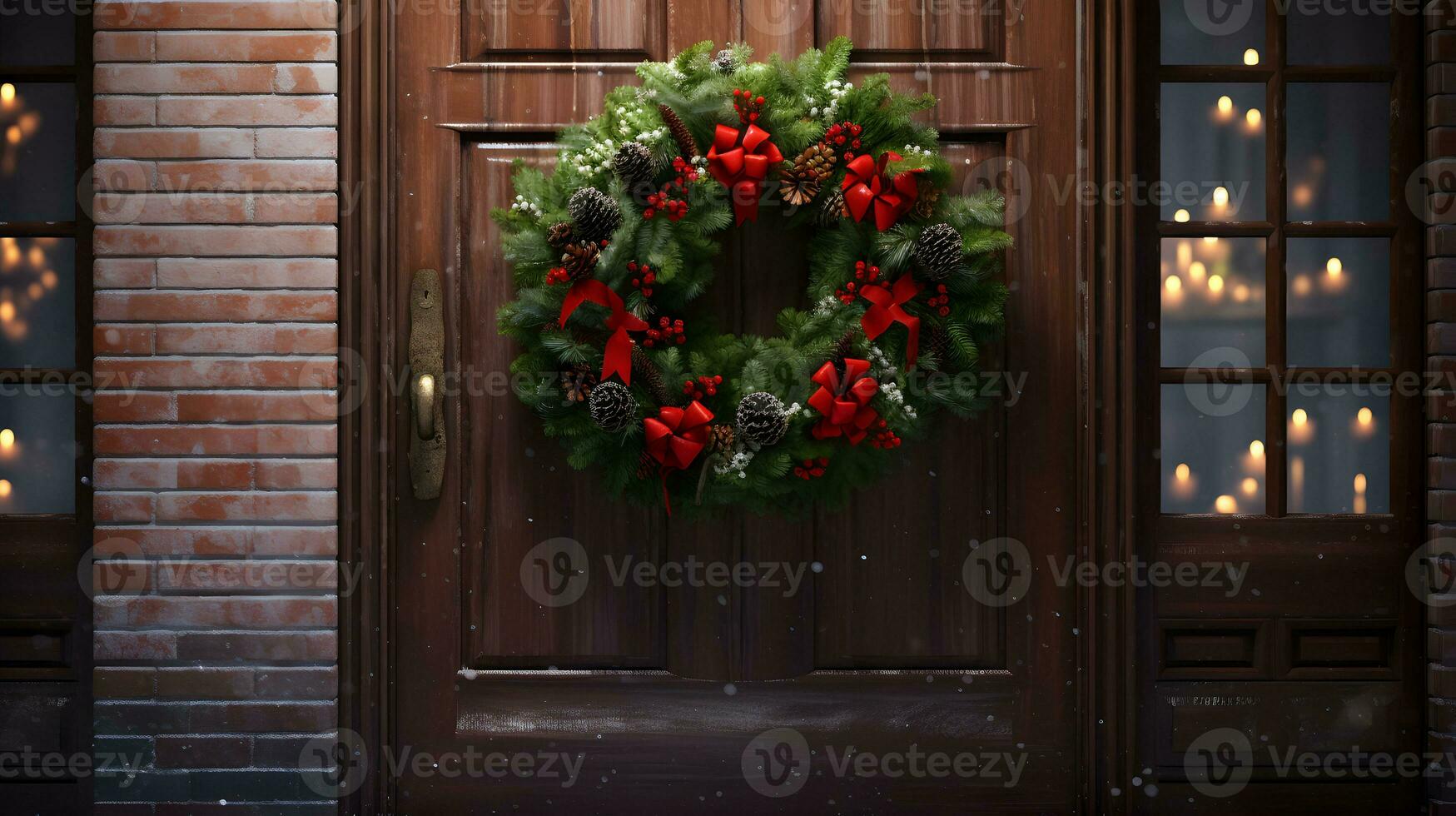 Christmas spruce and poinsettia wreath on the door. AI generated image. photo