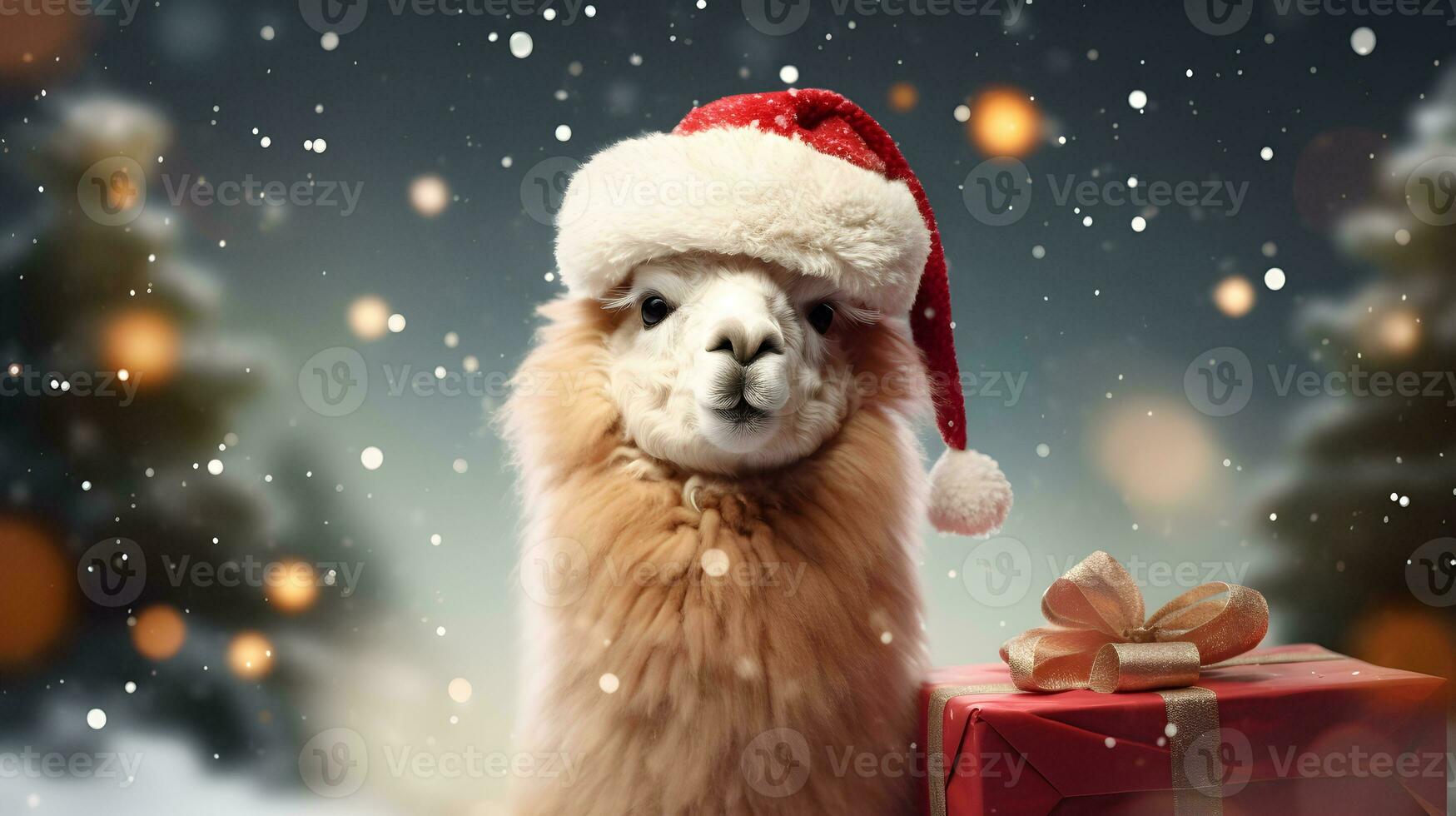 Super cute alpaca in Santa hat with gift boxes. Merry Christmas greeting concept. AI generated image. photo