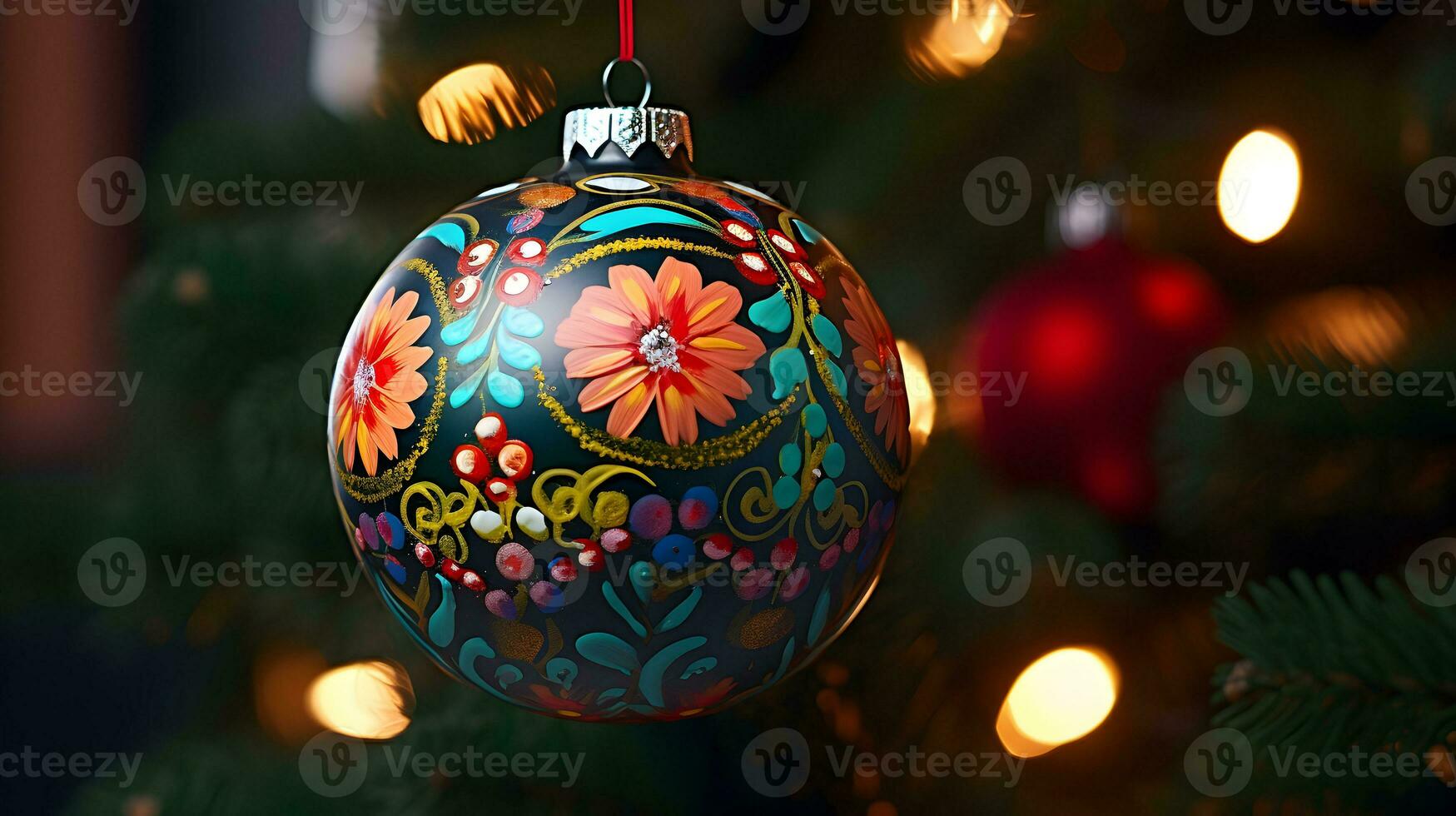 Christmas tree ball with folk ornament. AI generated image. photo