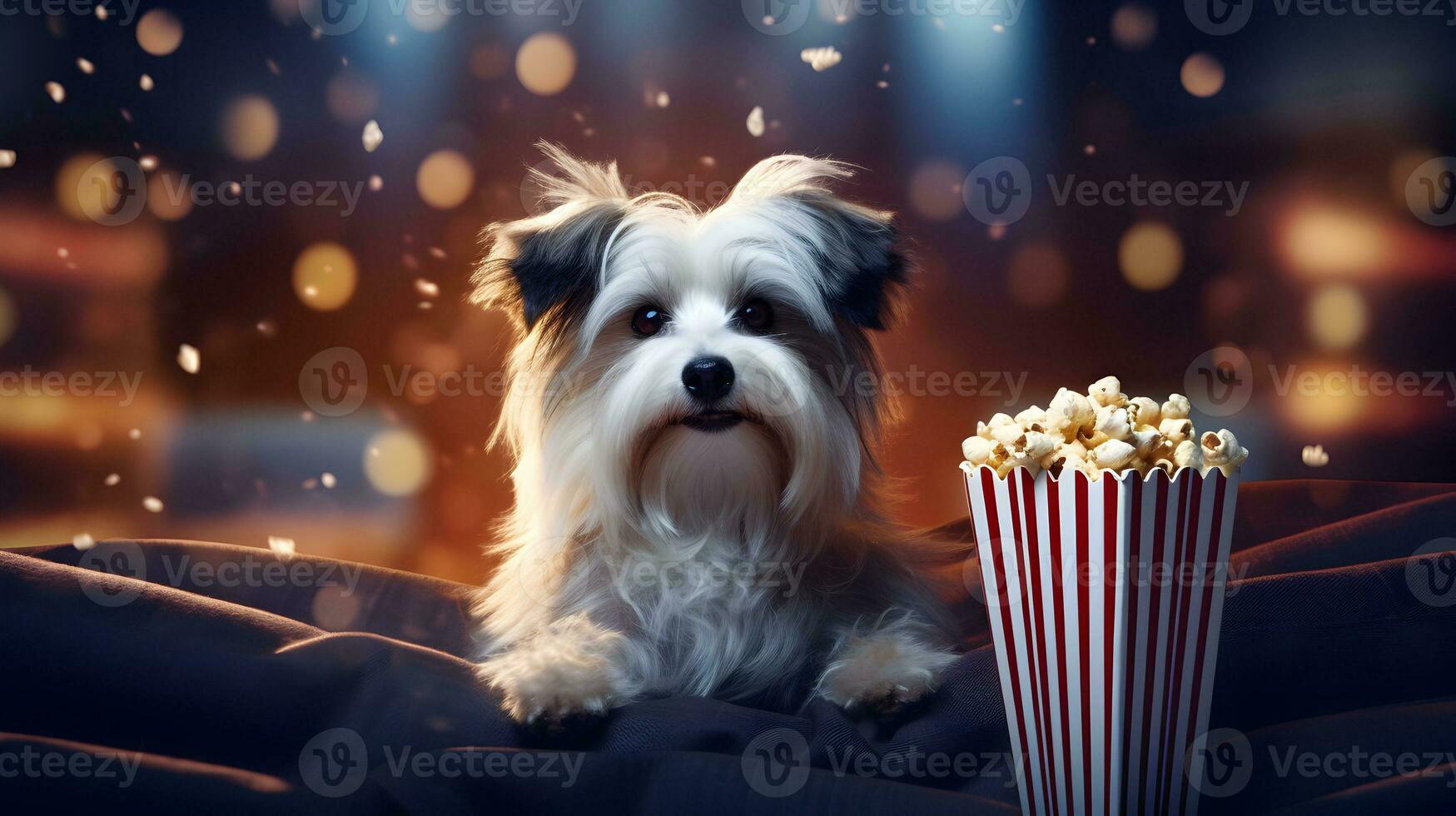 Super cute dog watching movie in the cinema. AI generated image. photo