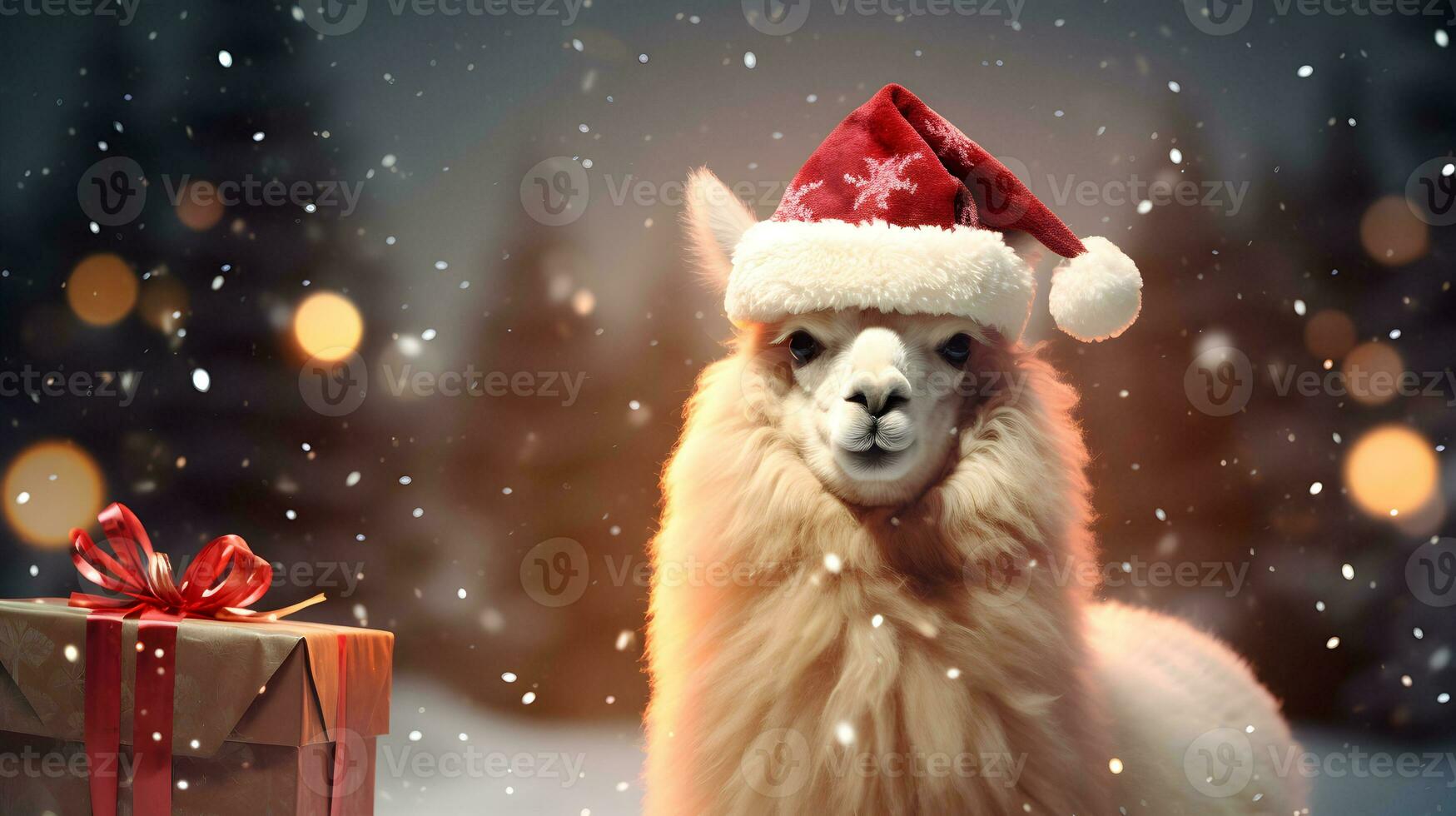 Super cute alpaca in Santa hat with gift boxes. Merry Christmas greeting concept. AI generated image. photo