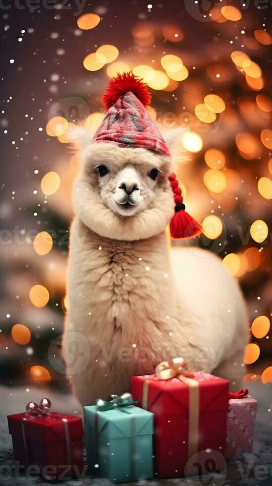 Super cute alpaca in Santa hat with gift boxes. Merry Christmas greeting concept. AI generated image. photo