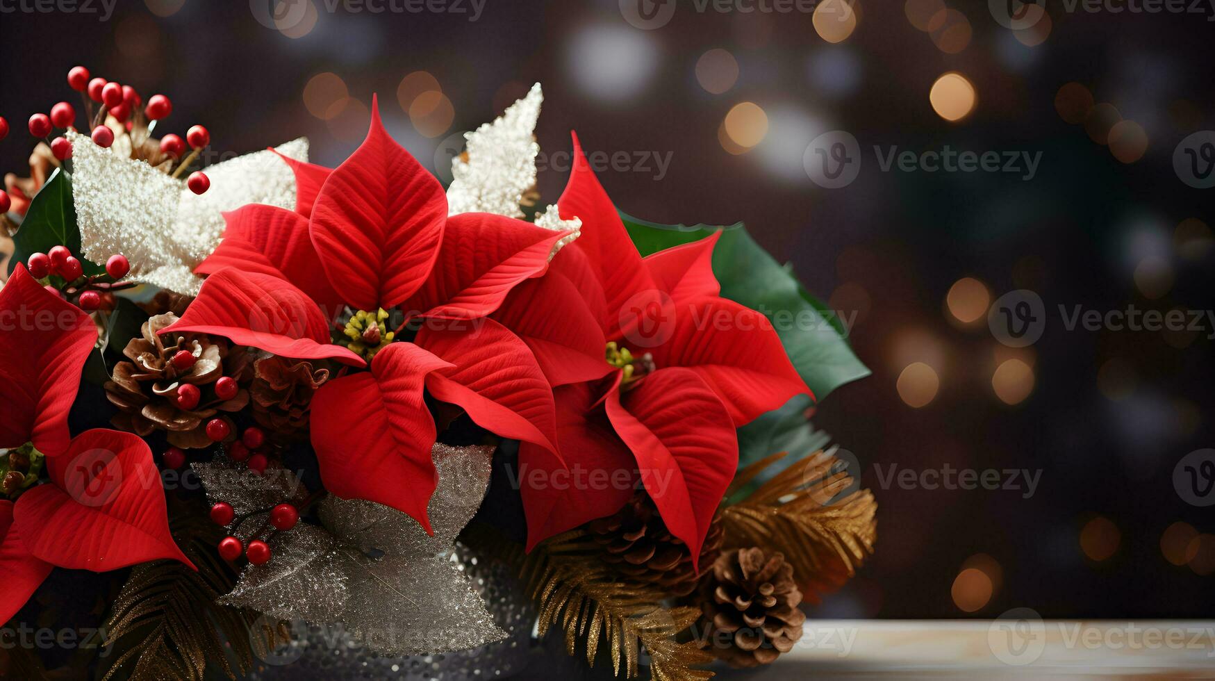 Christmas decoration with poinsettia and pine arrangement. AI generated image. photo