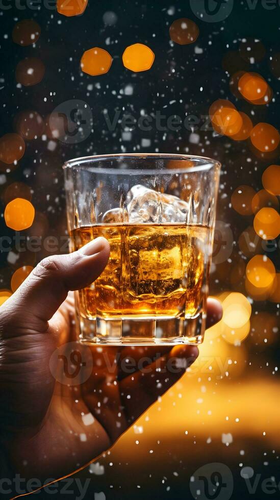 Man hand holding glass of whisky scotch with ice. AI generated image. photo