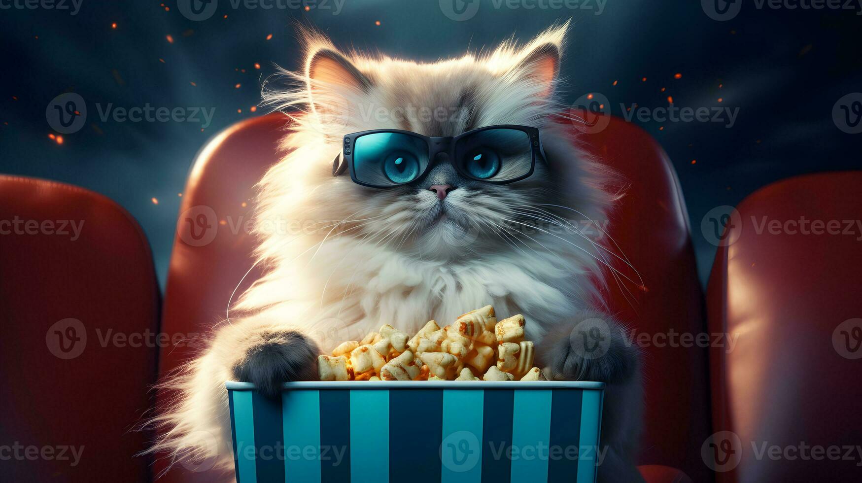 Super cute fluffy cat watching movie in the cinema. AI generated image. photo
