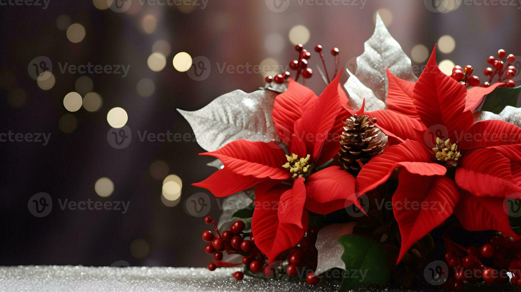 Christmas decoration with poinsettia and pine arrangement. AI generated image. photo