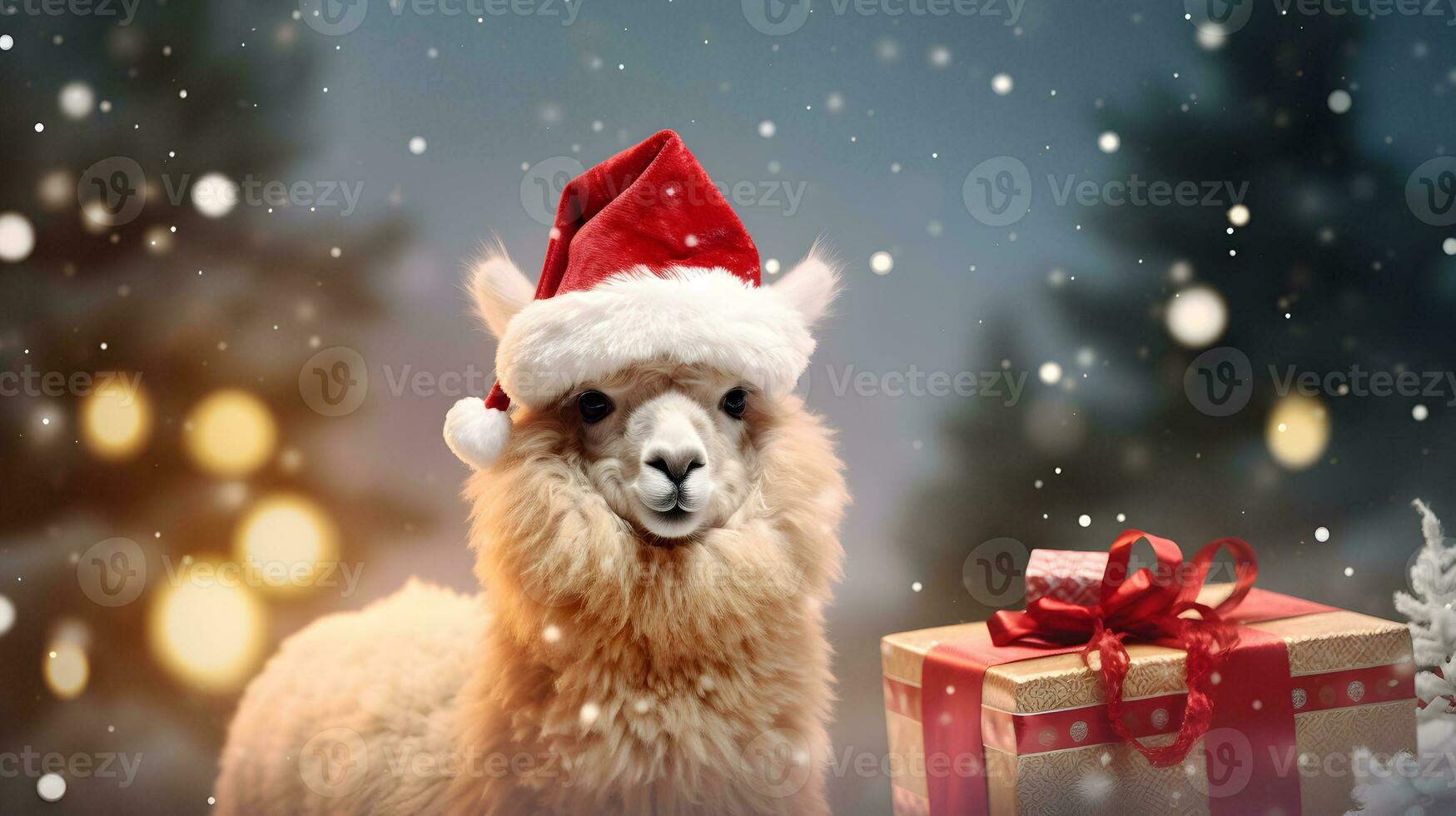 Super cute alpaca in Santa hat with gift boxes. Merry Christmas greeting concept. AI generated image. photo