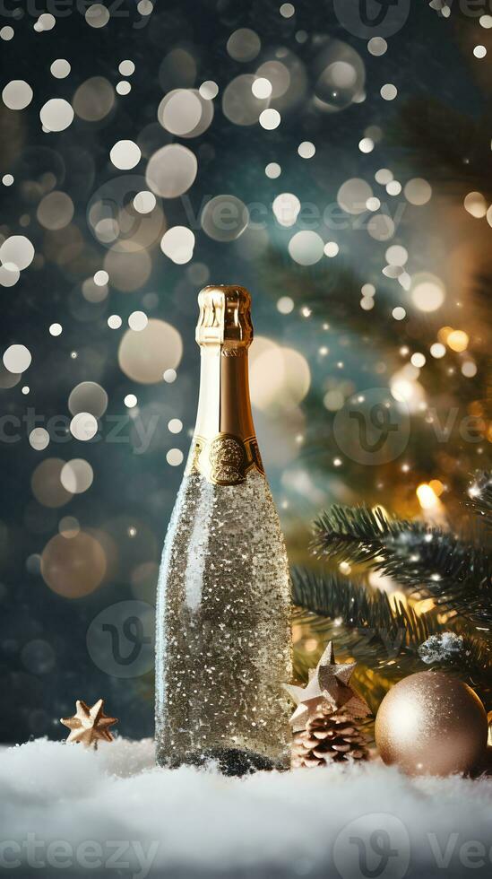 Bottle of sparkling champagne with Christmas tree on background. AI generated image. photo