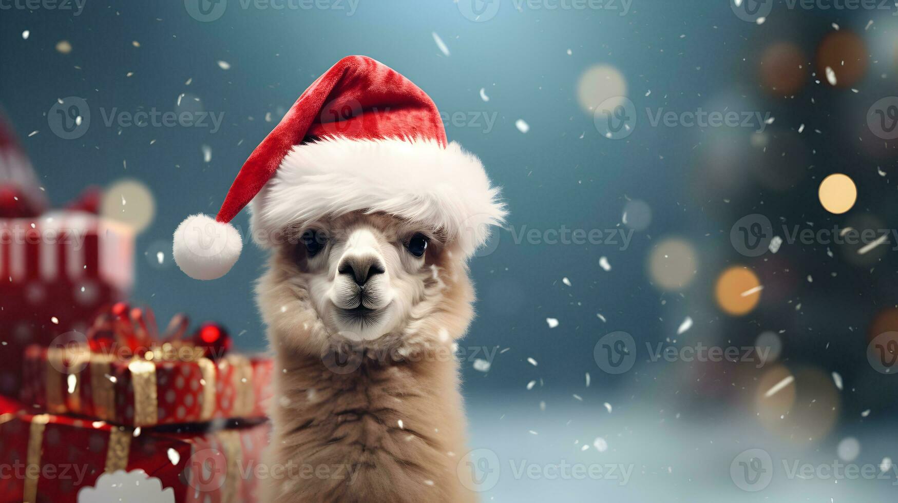 Super cute alpaca in Santa hat with gift boxes. Merry Christmas greeting concept. AI generated image. photo