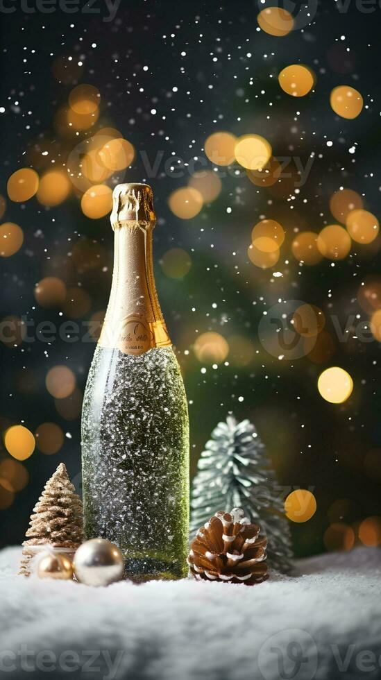 Bottle of sparkling champagne with Christmas tree on background. AI generated image. photo