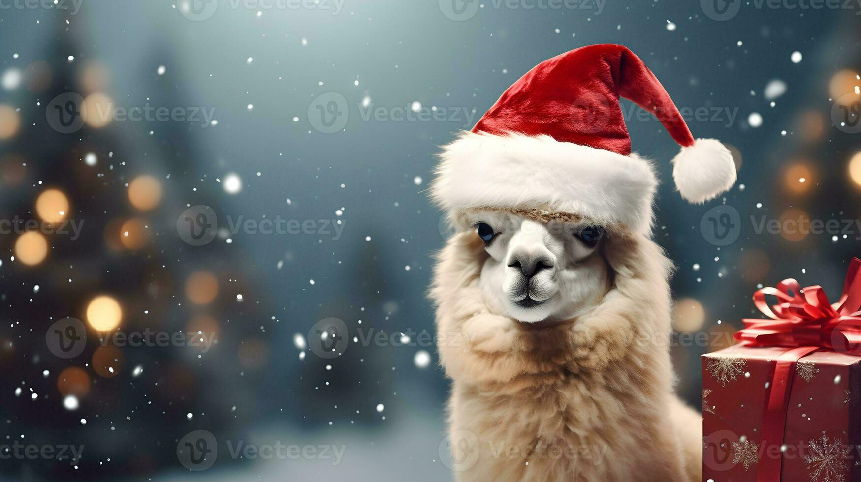 Super cute alpaca in Santa hat with gift boxes. Merry Christmas greeting concept. AI generated image. photo