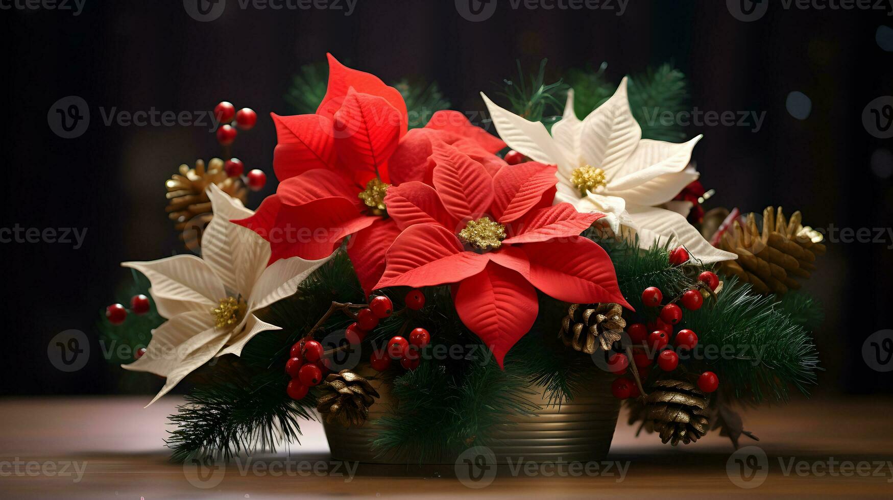 Christmas decoration with poinsettia and pine arrangement. AI generated image. photo