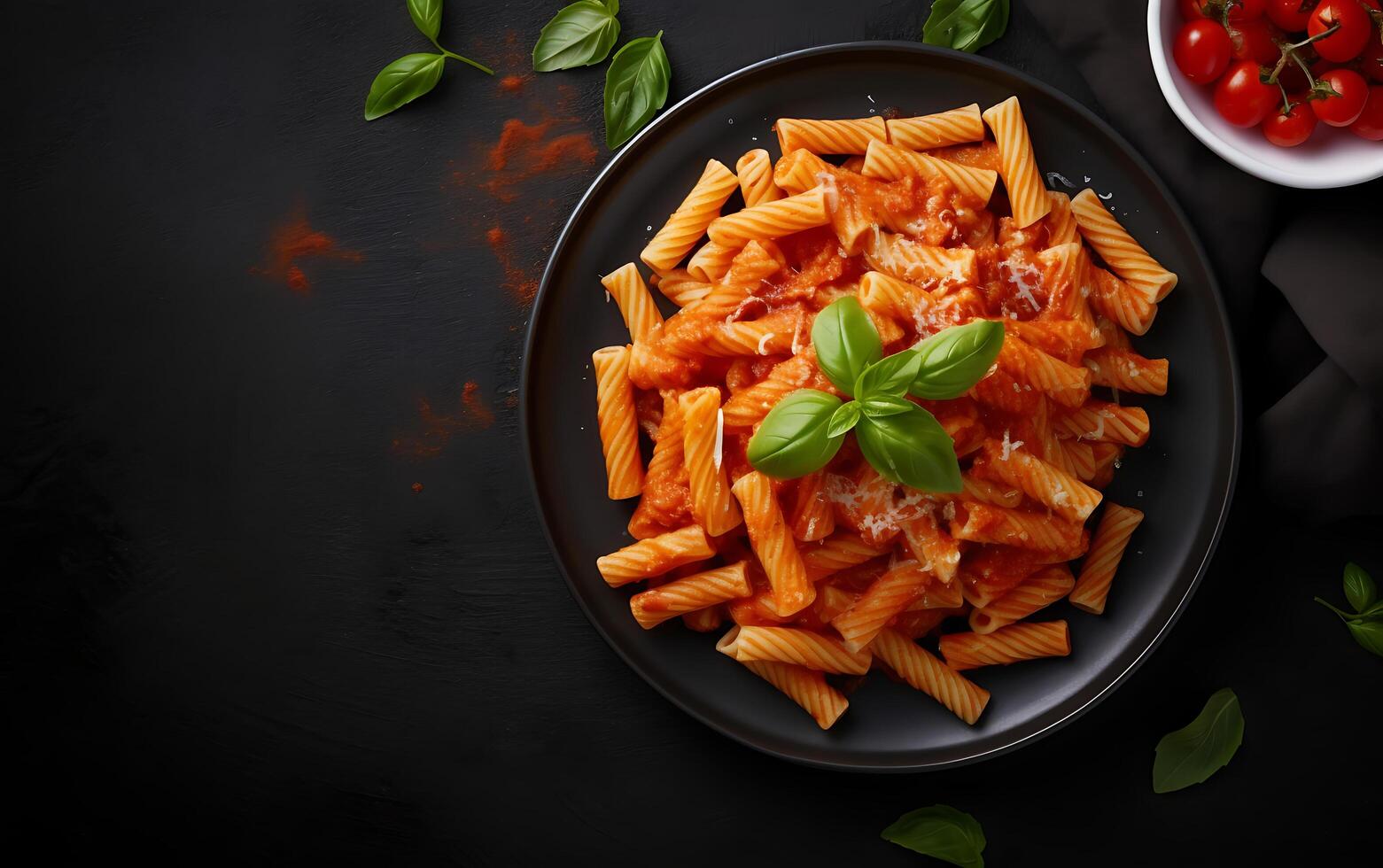 Pasta with tomato sauce served in bowl top view with copy space photo