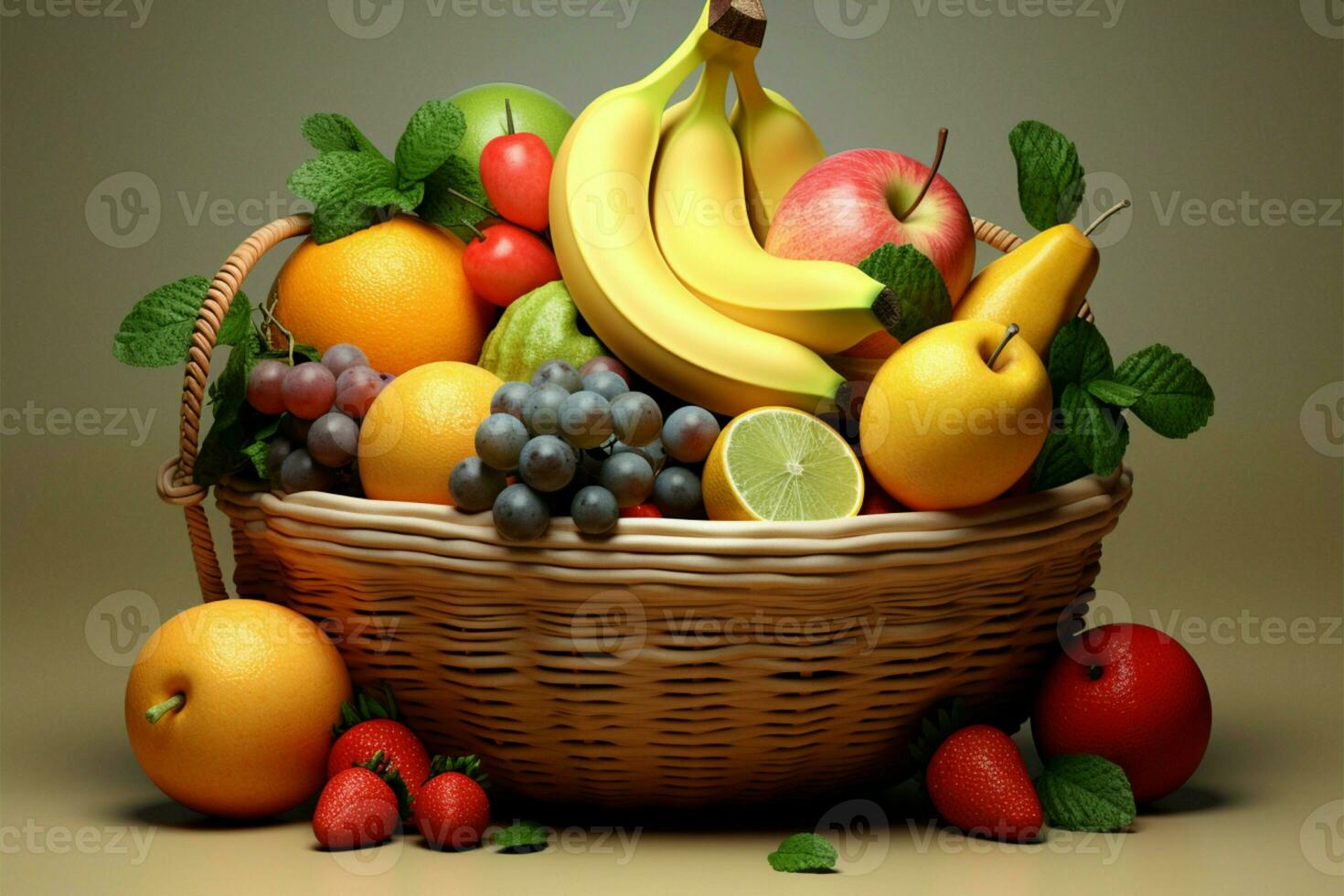 Fruits in a basket, set against a gentle, pale colored background AI Generated photo