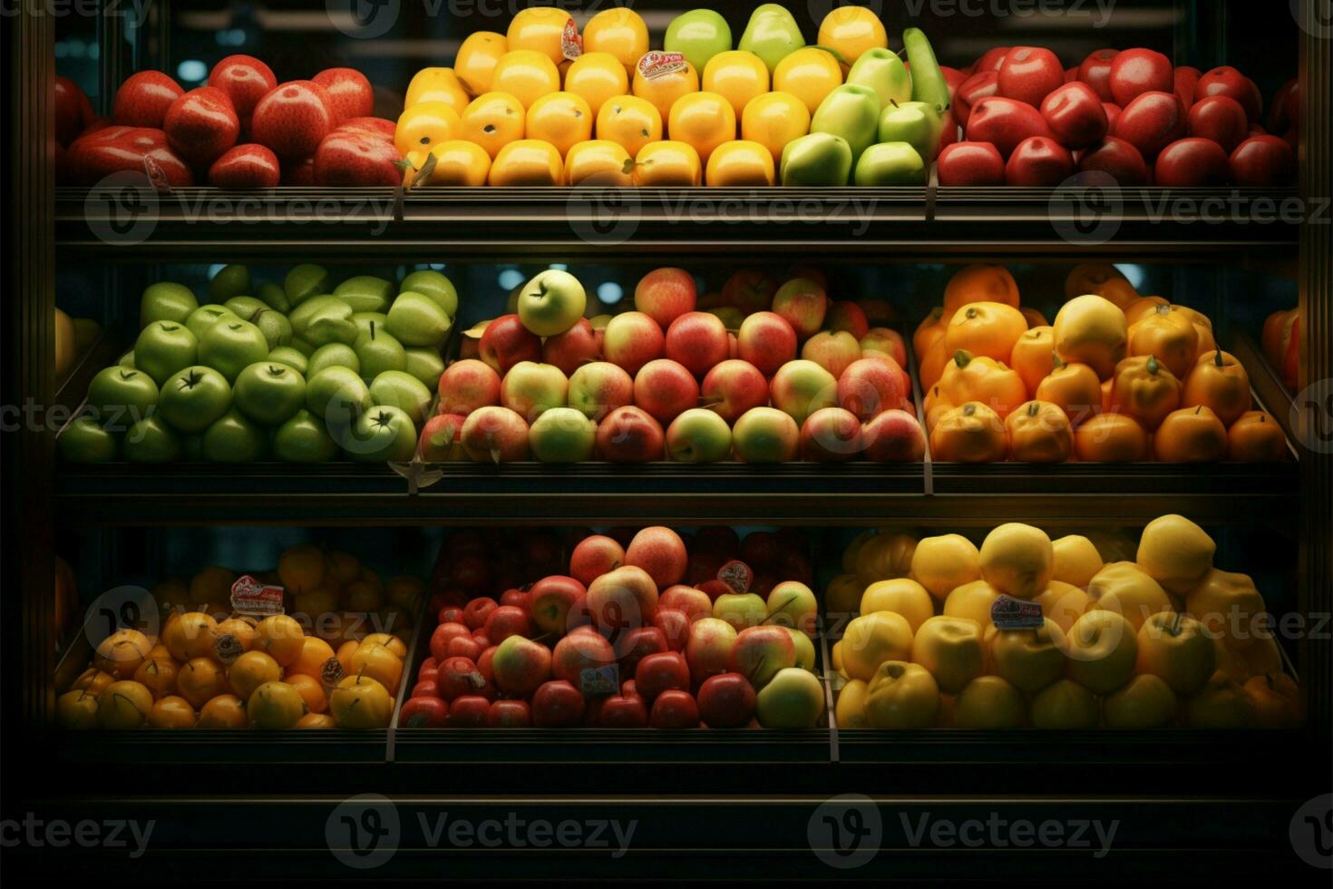 Al por menor monitor caso rebosante con un surtido de manzanas, naranjas ai generado foto