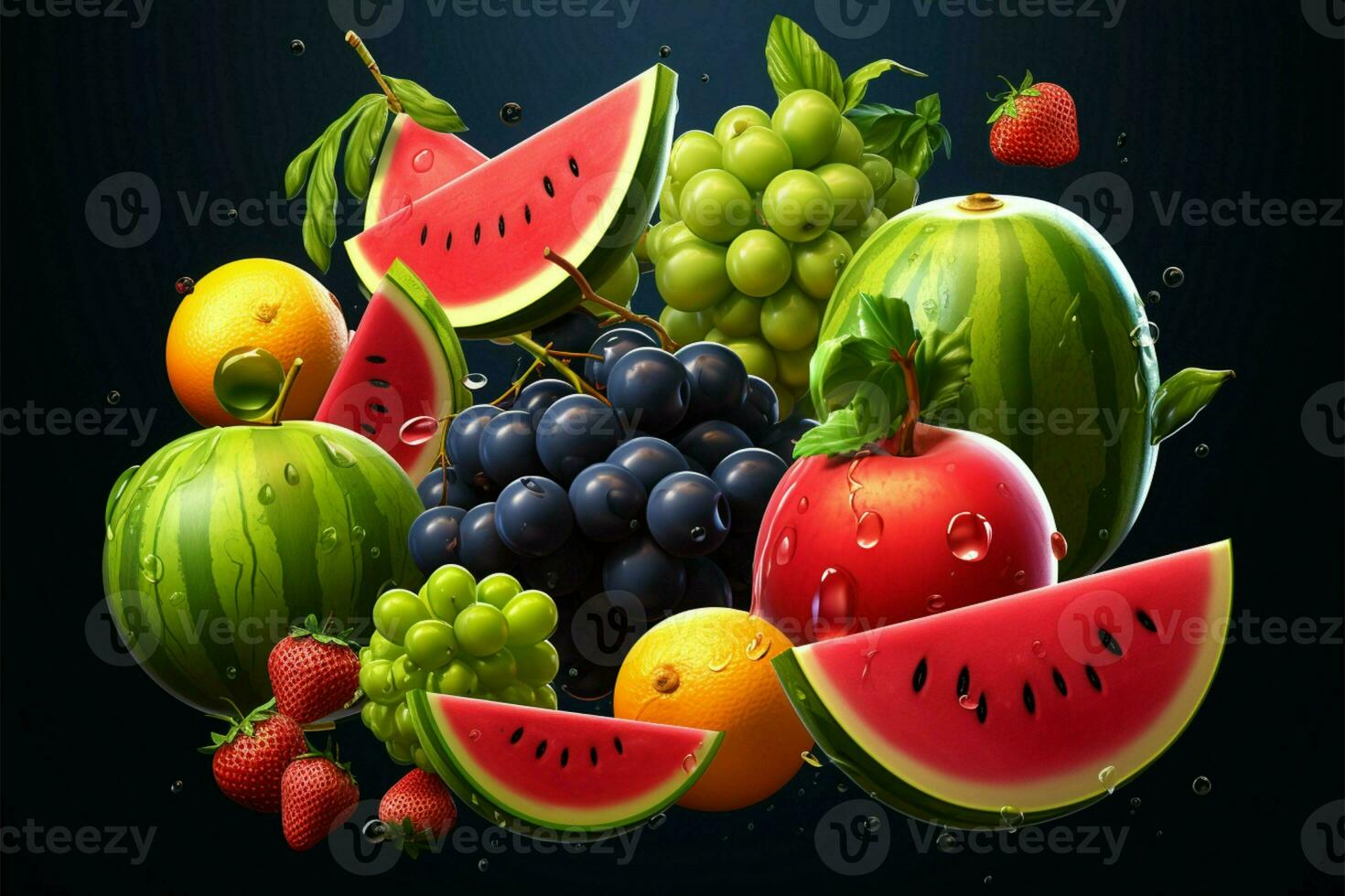 A mix of watermelon, cherries, grapes, and lemon, used as game logo and 3D icons AI Generated photo