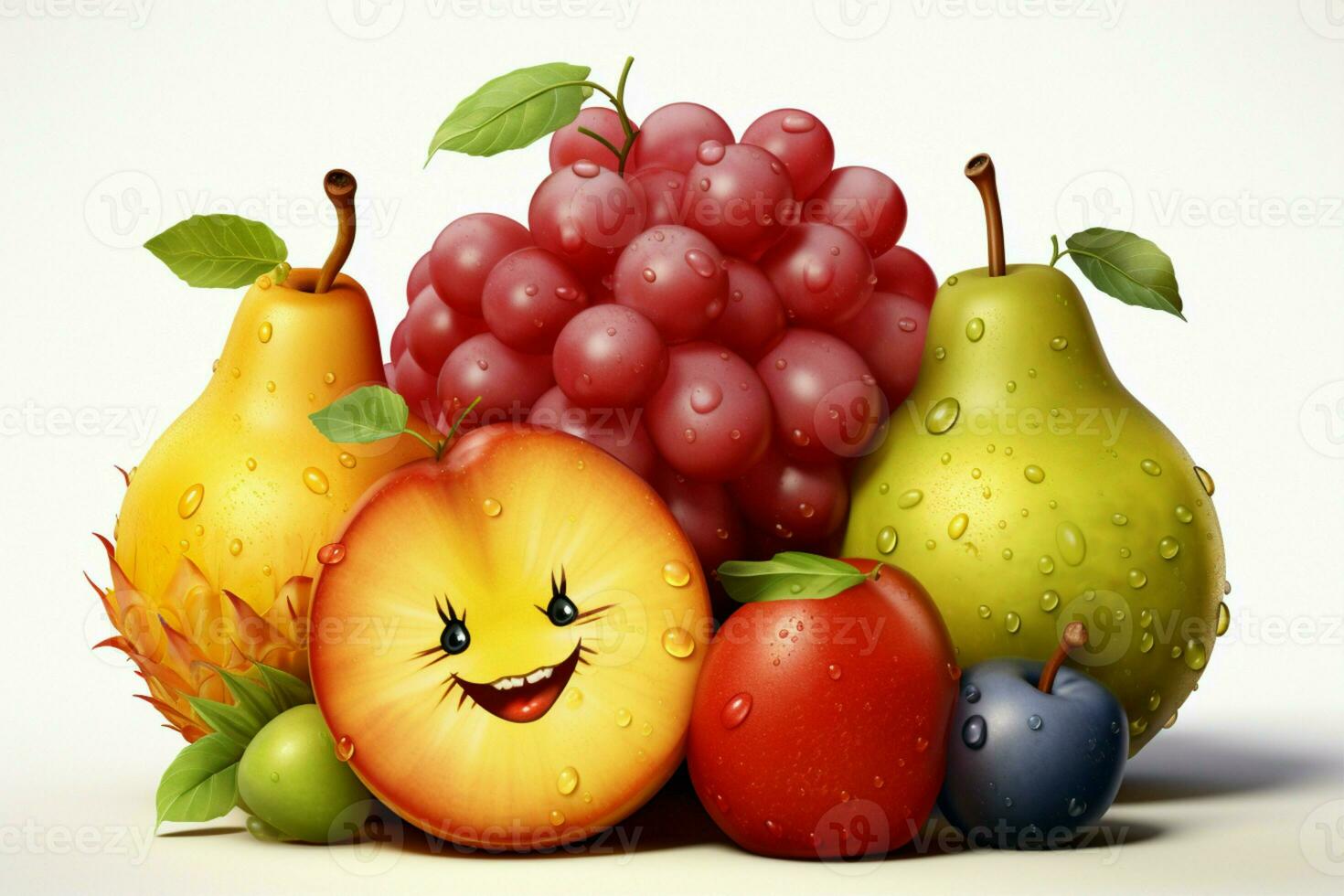 Mega sized cartoon fruit art trio, creating a vibrant scene on white AI Generated photo