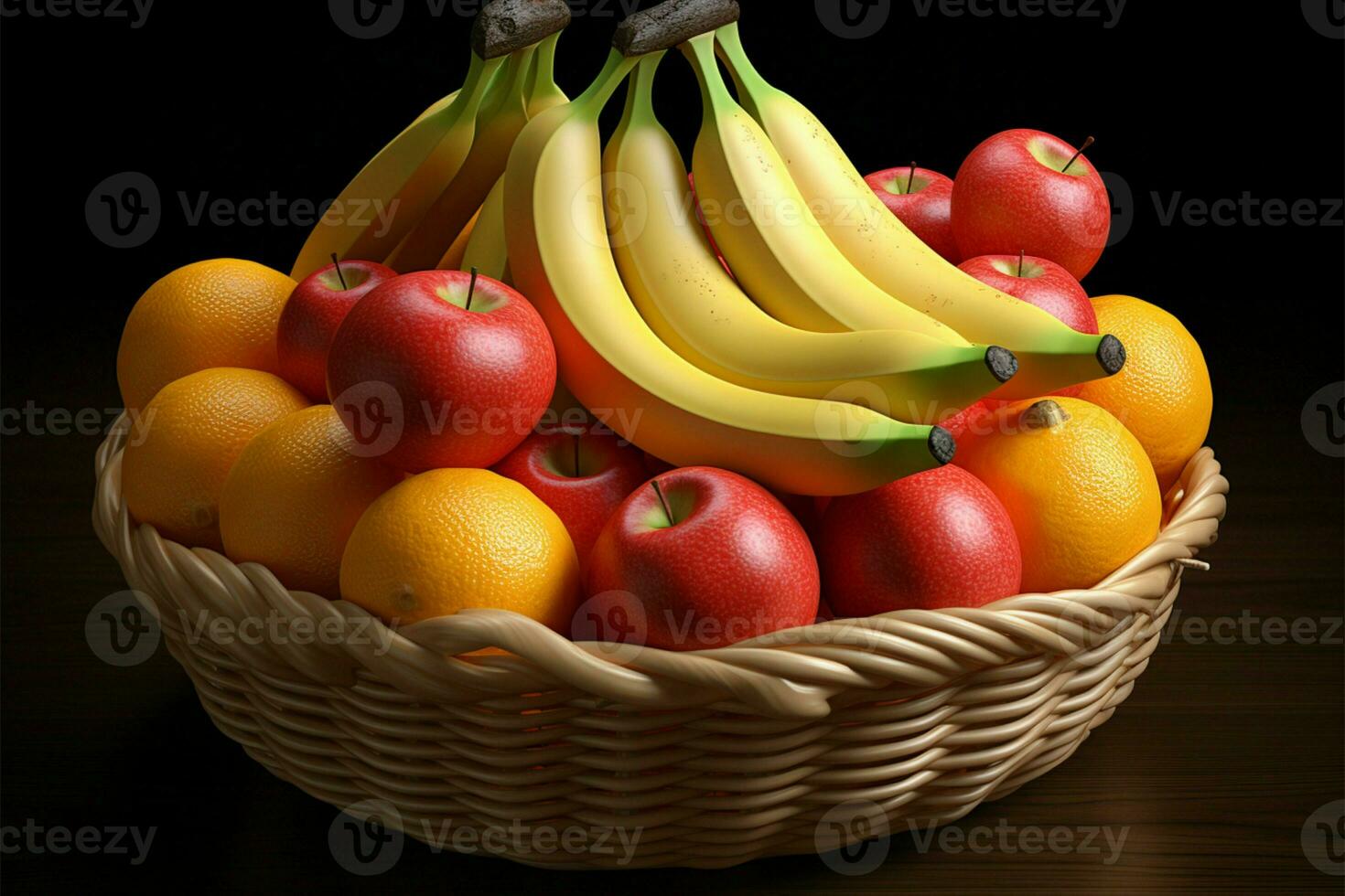 un delicioso arreglo de banana, durazno, manzana, y naranja en un Fruta cesta ai generado foto