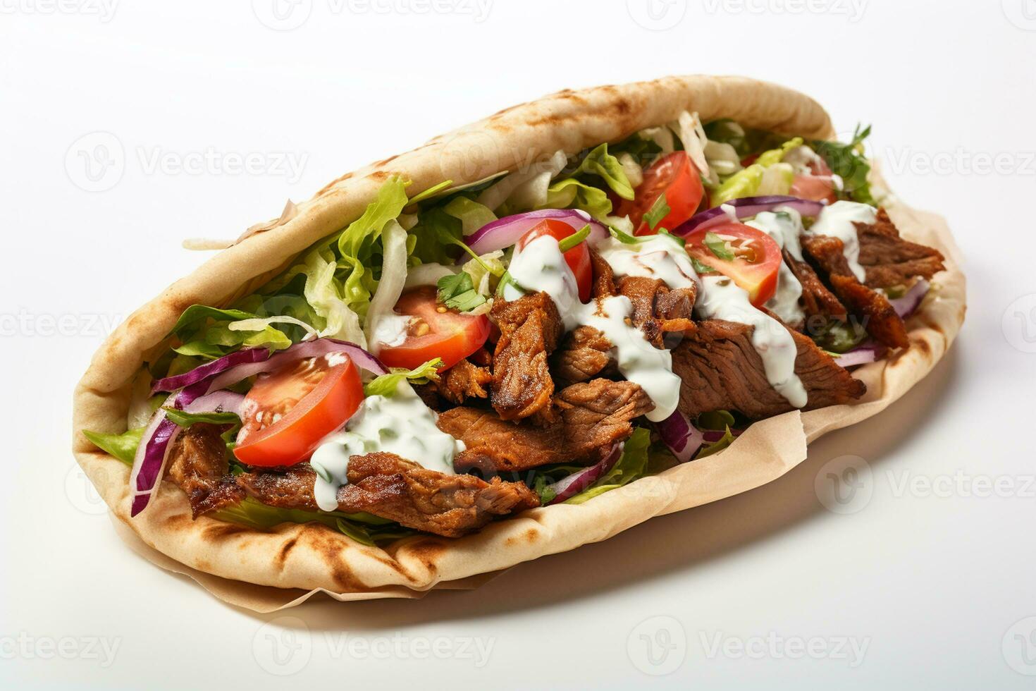 Doner kebab on a wooden board isolated on white background AI Generated photo