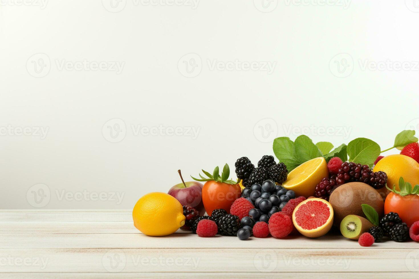 frutas y bayas en blanco antecedentes. sano comida antecedentes. ai generado foto