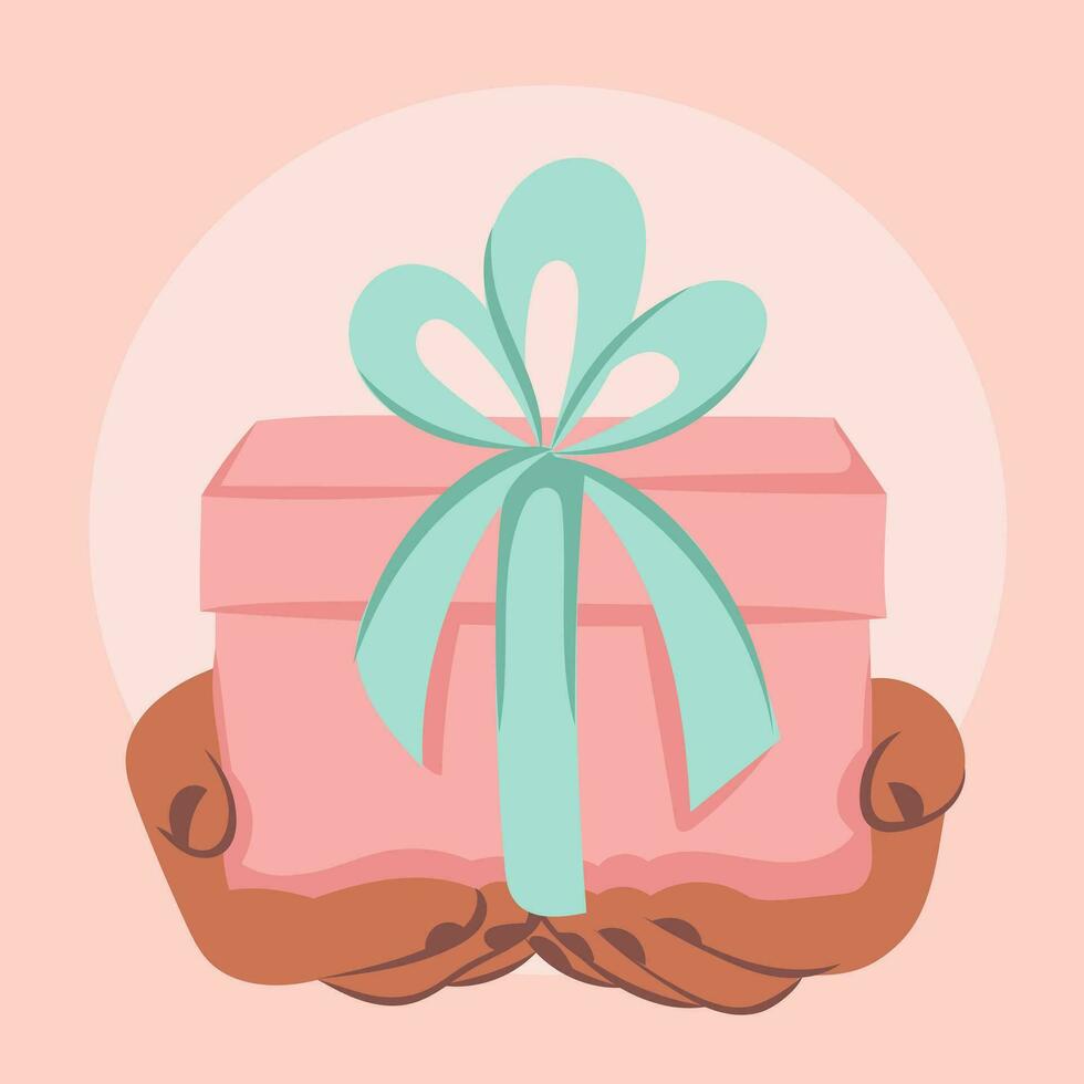 Make a gift day. Gift packaging box in hands vector