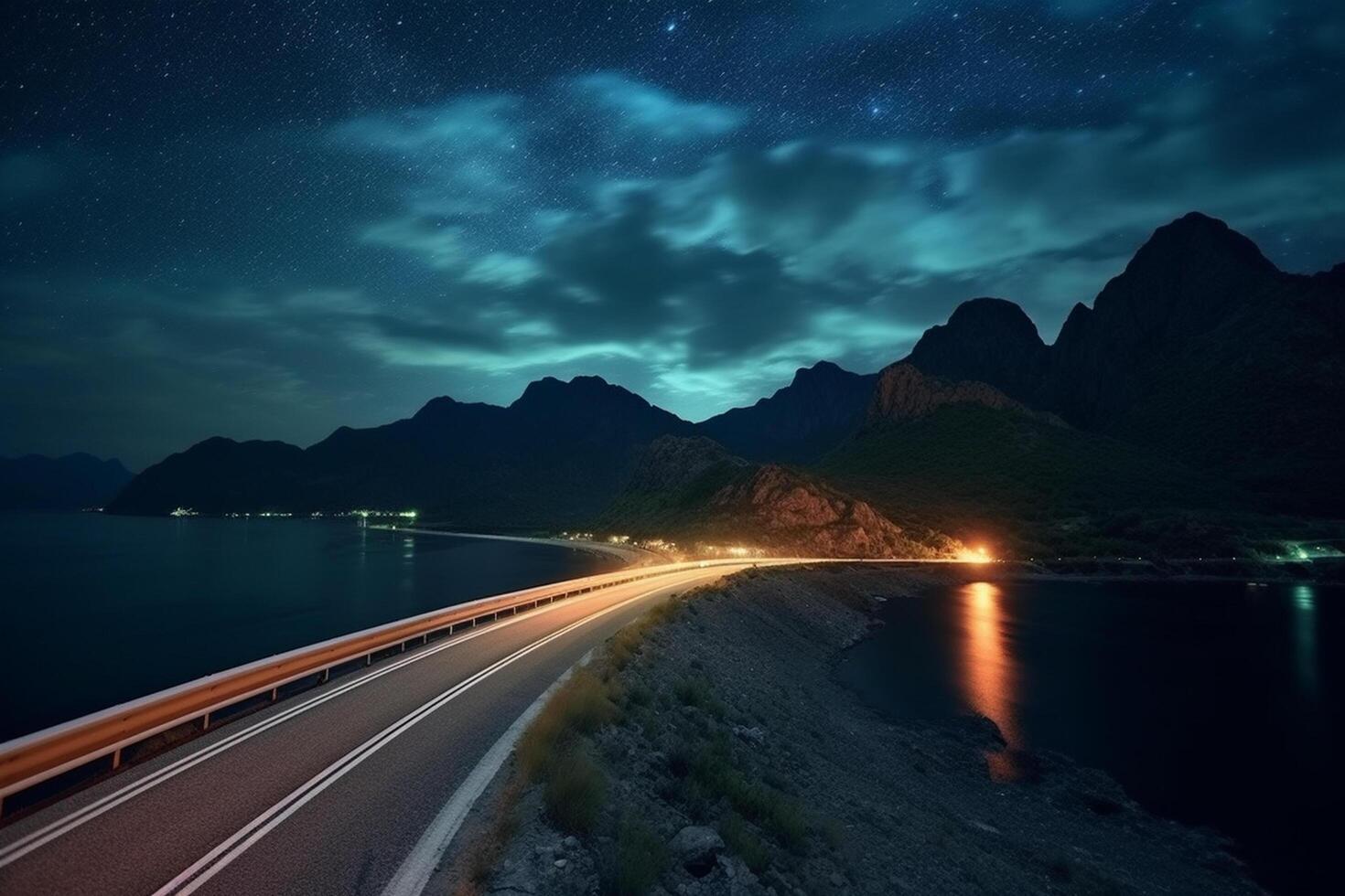 Highway in the mountains at night with starry sky background. photo