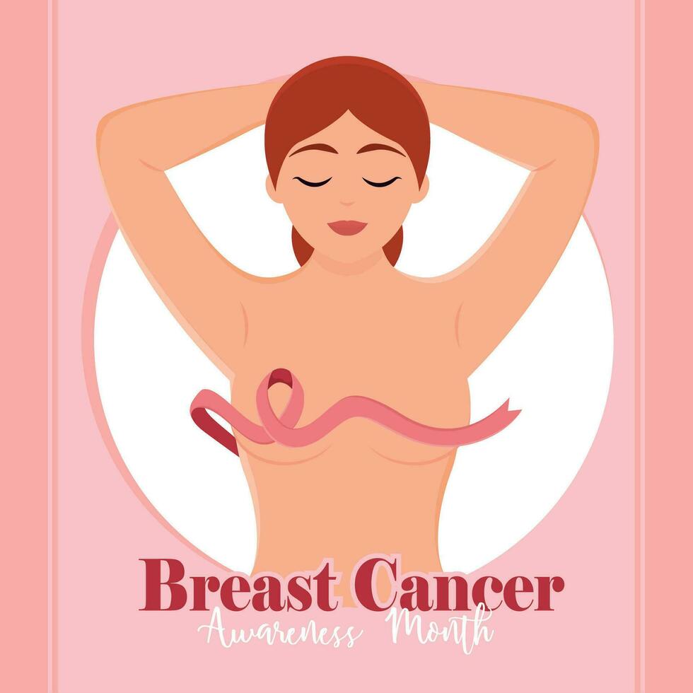 Breast cancer poster Pink ribbon Self-examination Vector illustration