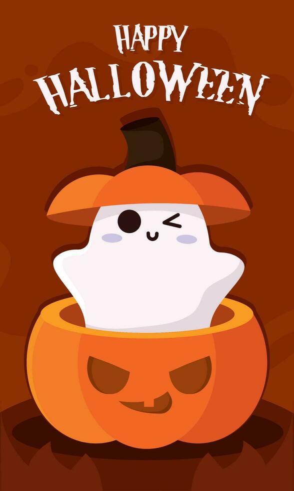 contento Víspera de Todos los Santos póster fantasma en un Víspera de Todos los Santos calabaza vector ilustración