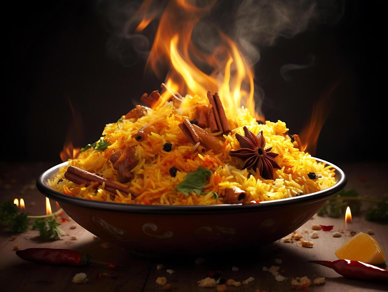 a Plate of hot biryani with meat photo