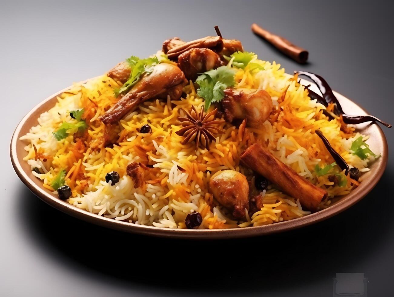 a Plate of hot biryani with meat photo