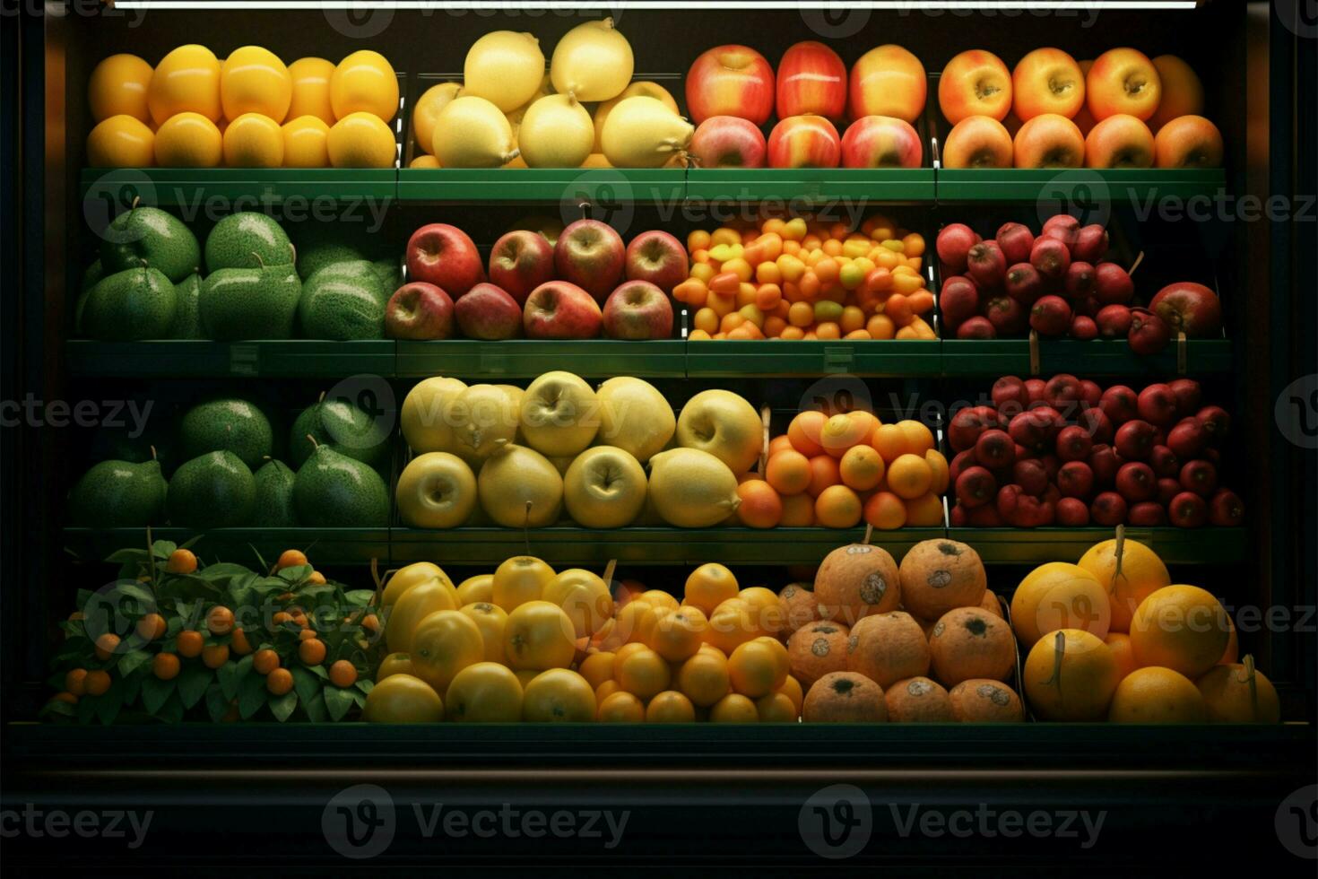 Store showcase brimming with neatly arranged apples and oranges AI Generated photo