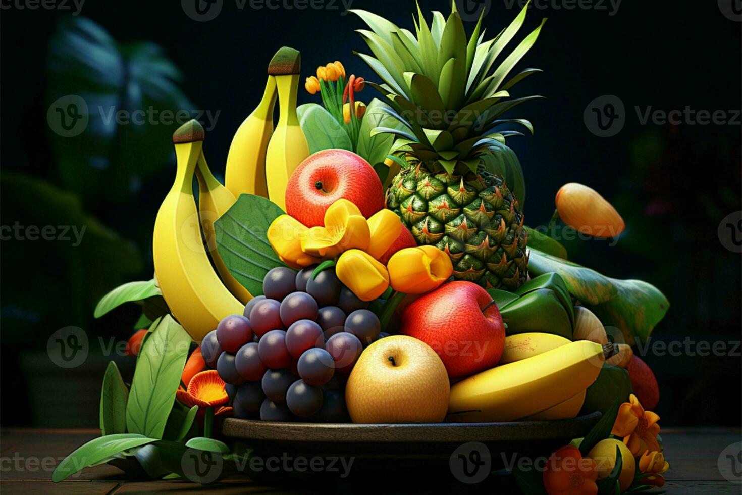 Iconic tropical fruits set in a vibrant jungle with captivating lighting AI Generated photo