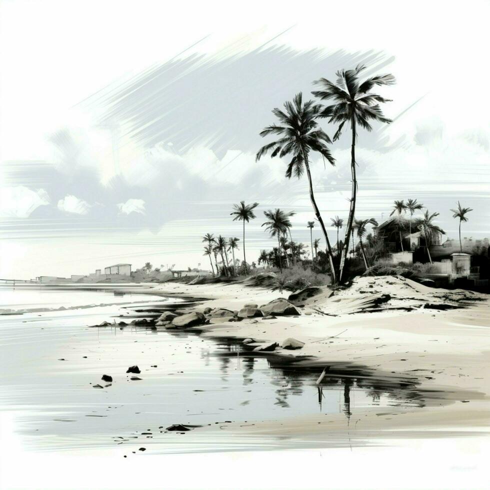 Seaside sketch Palm tree image traced on sandy shore, a natural beach expression For Social Media Post Size AI Generated photo
