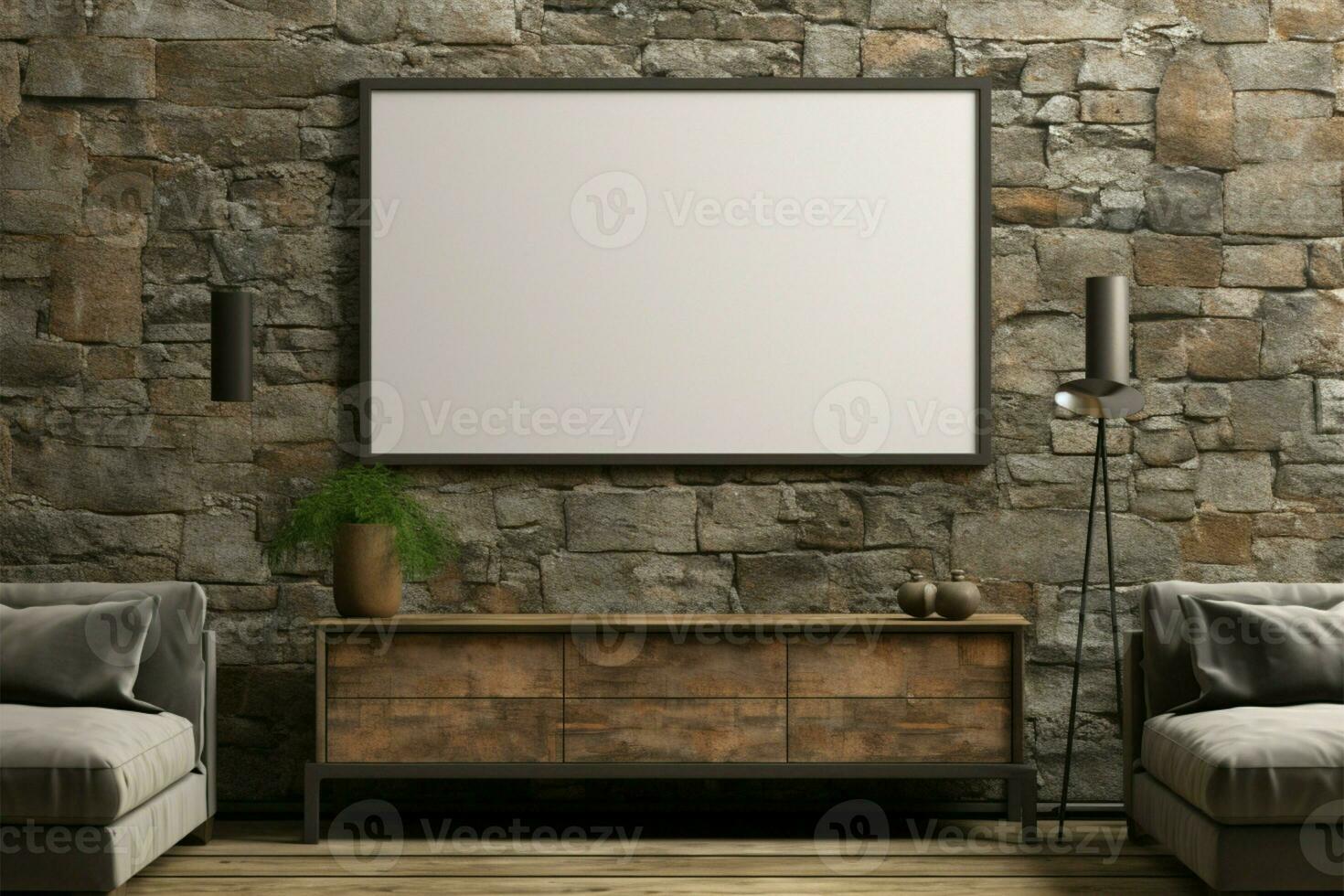 Modern living room with an empty picture frame on stone wall AI Generated photo