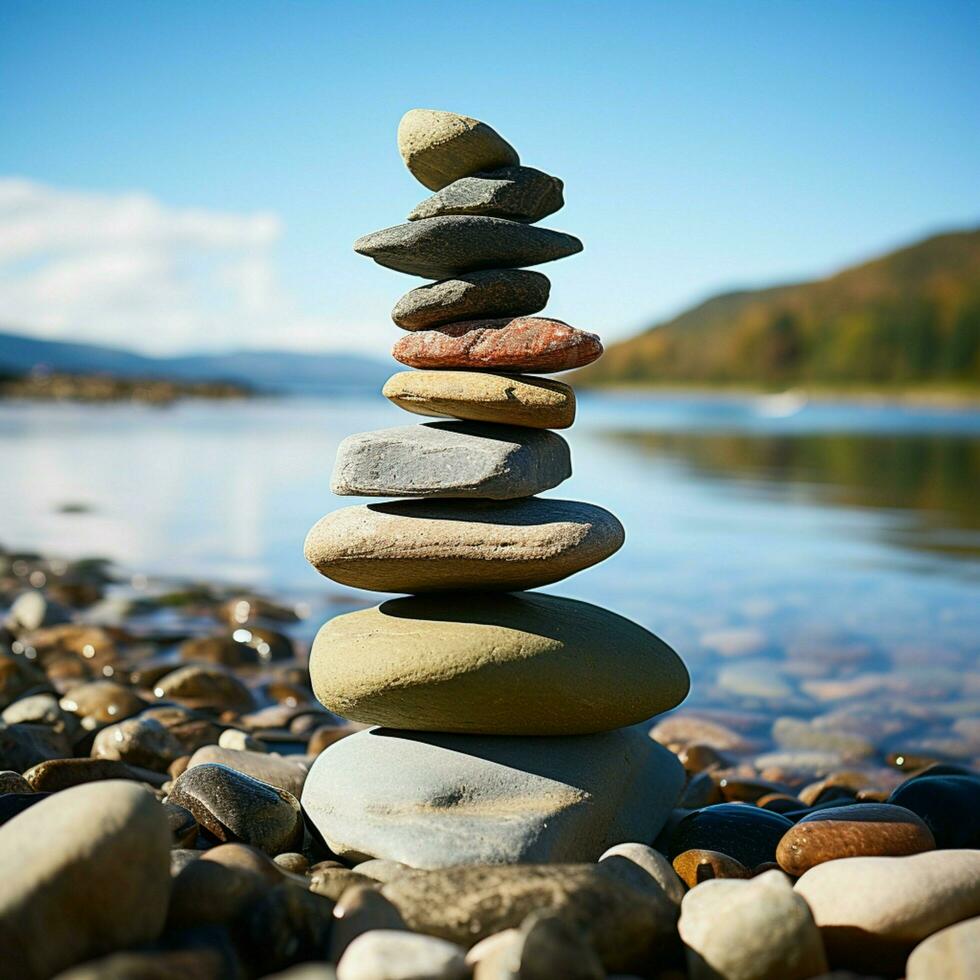 Nautical formation Sea kissed stones stacked into a pyramid along the shore For Social Media Post Size AI Generated photo