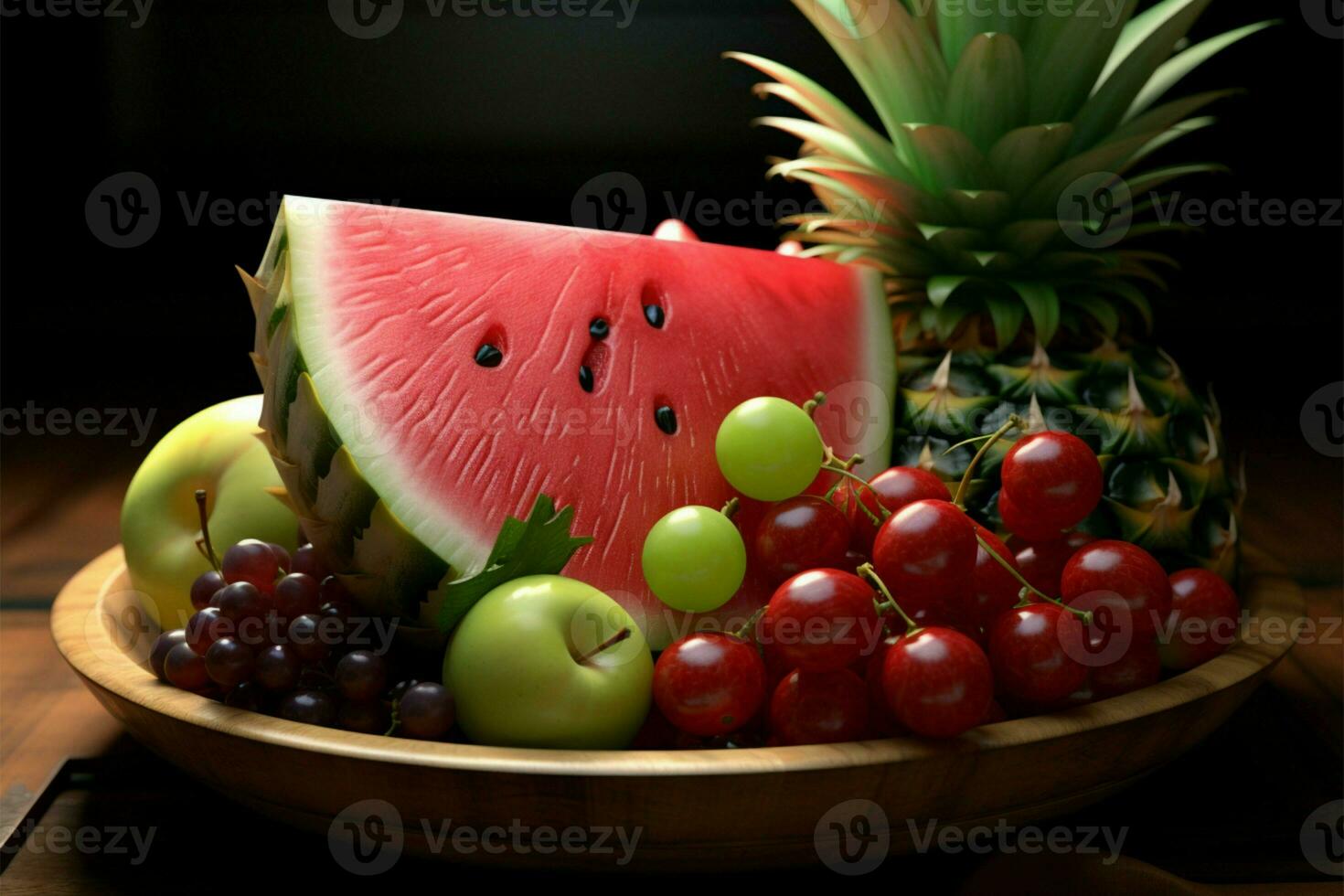 A limited fruit assortment watermelon, guava, pineapple, and cherries AI Generated photo