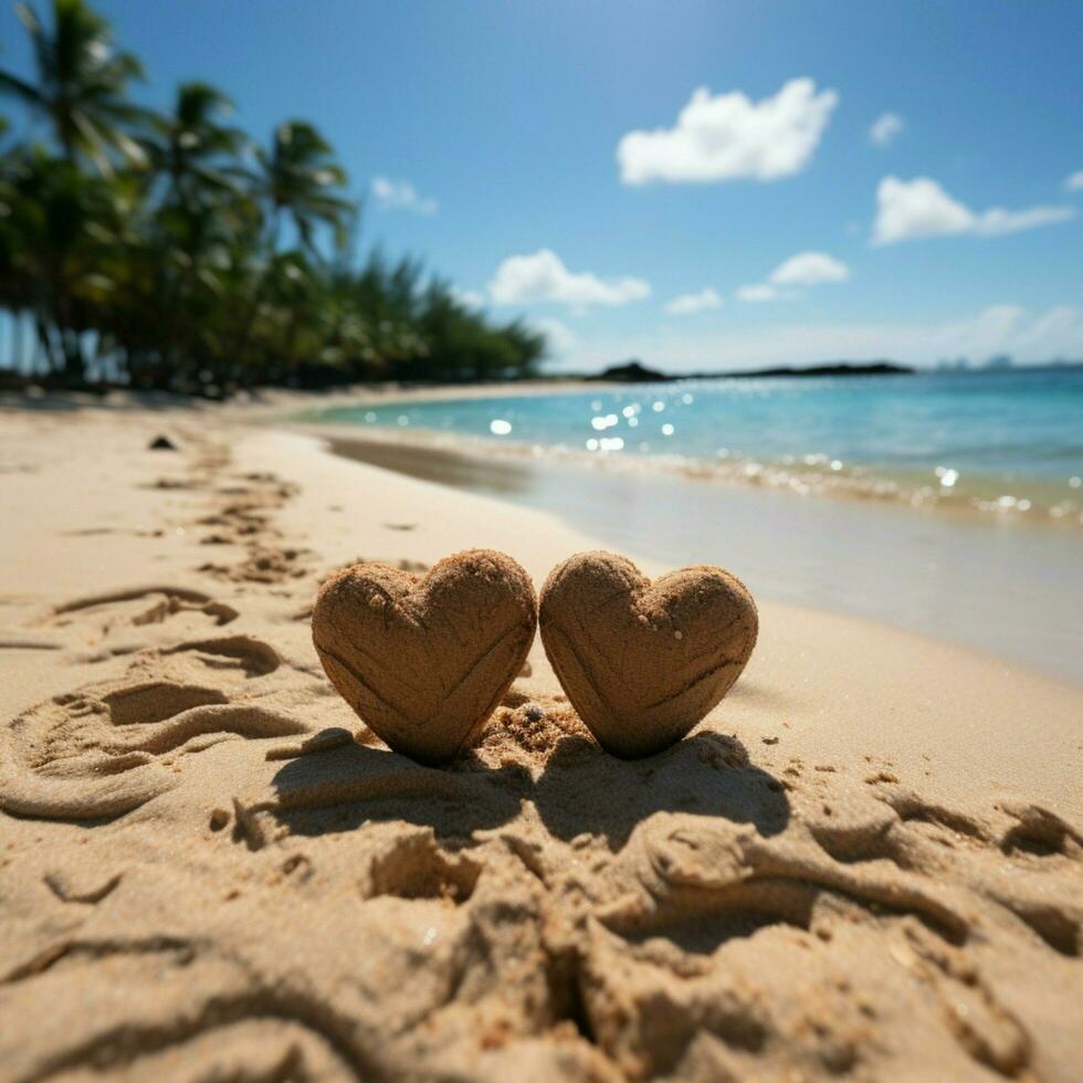 Heartfelt connection Two handwritten hearts on sandy beach, framed by tropical backdrop For Social Media Post Size AI Generated photo