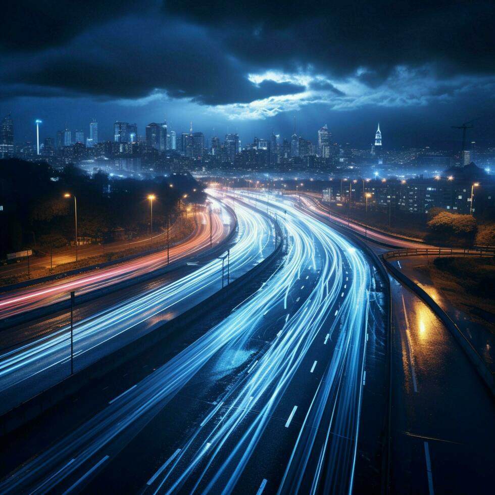 Nighttime urban pathways bathed in blue Enchanting vehicle light trails compose picturesque view For Social Media Post Size AI Generated photo