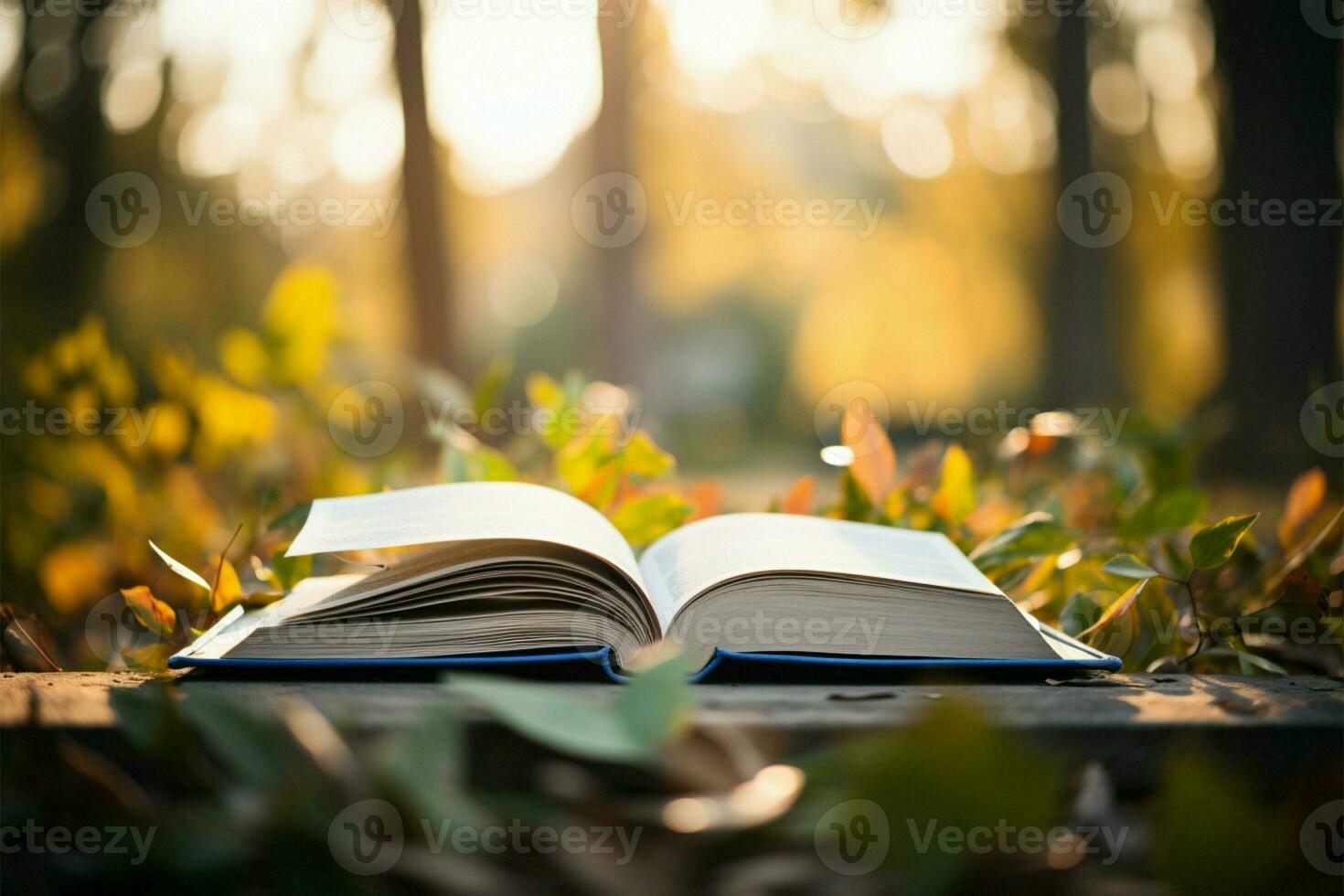 Close up of an open book with a bokeh nature background AI Generated photo