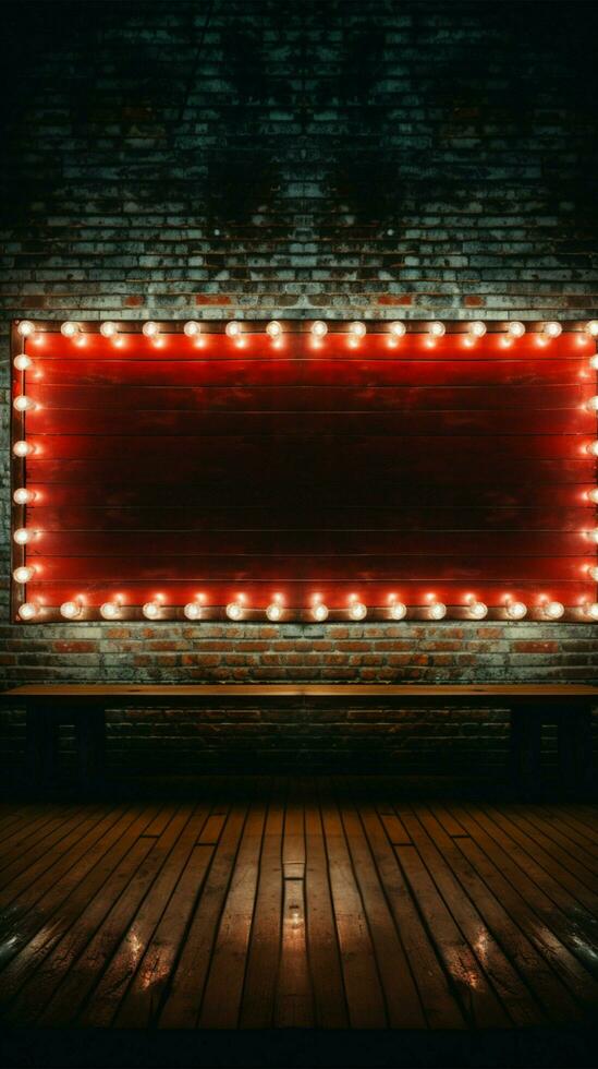 Empty long billboard sign framed in neon on a vintage brick wall Vertical Mobile Wallpaper AI Generated photo