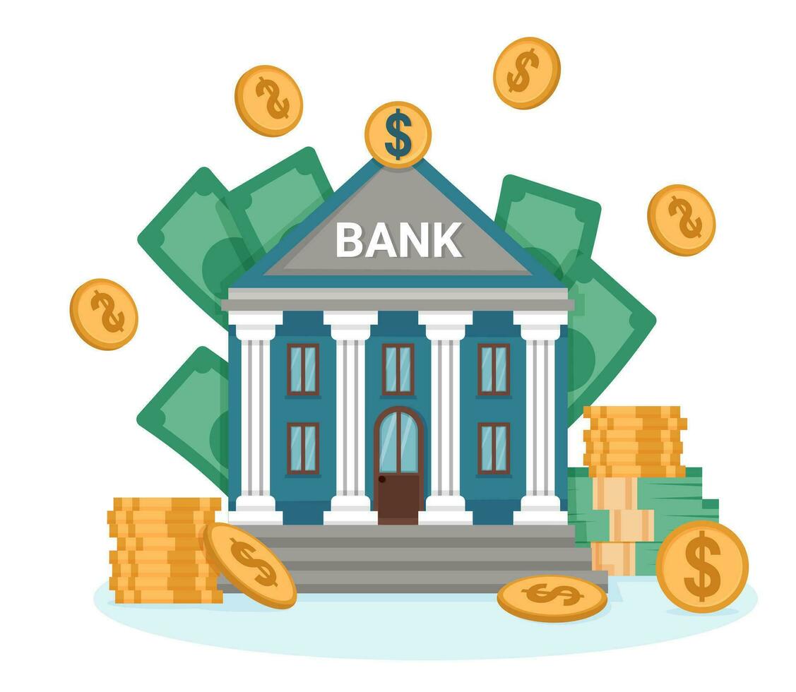 Bank building with coins and banknotes around vector