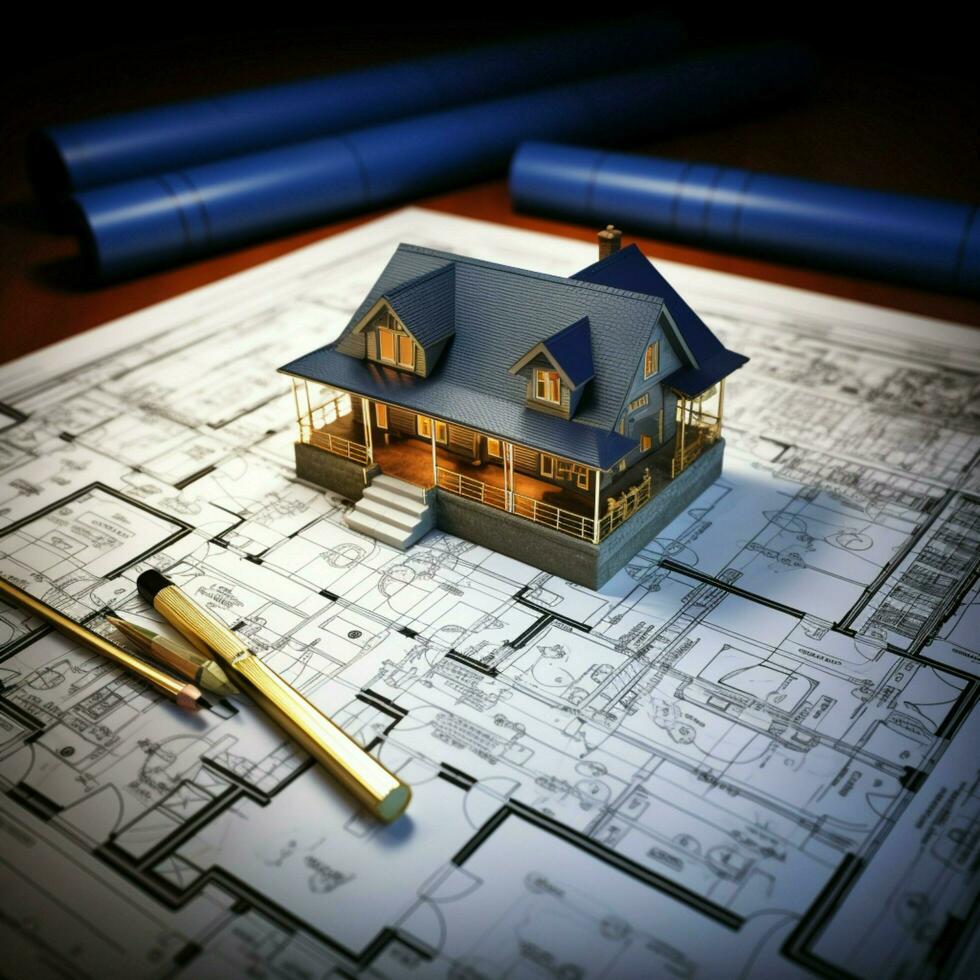 Home blueprint empowerment Architectural design depicted alongside symbolic house keys For Social Media Post Size AI Generated photo