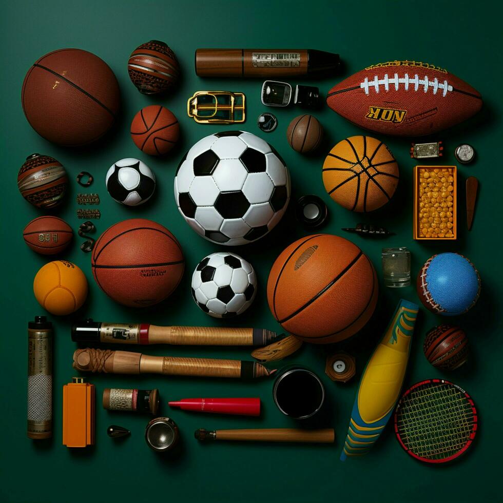 Collage of diverse sports equipment, promoting fitness and recreational games For Social Media Post Size AI Generated photo