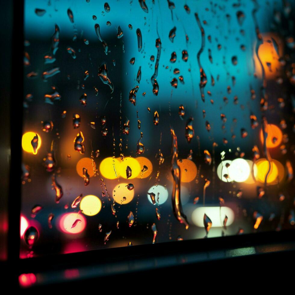 Abstract night scene window with colorful raindrops, blurred city lights For Social Media Post Size AI Generated photo