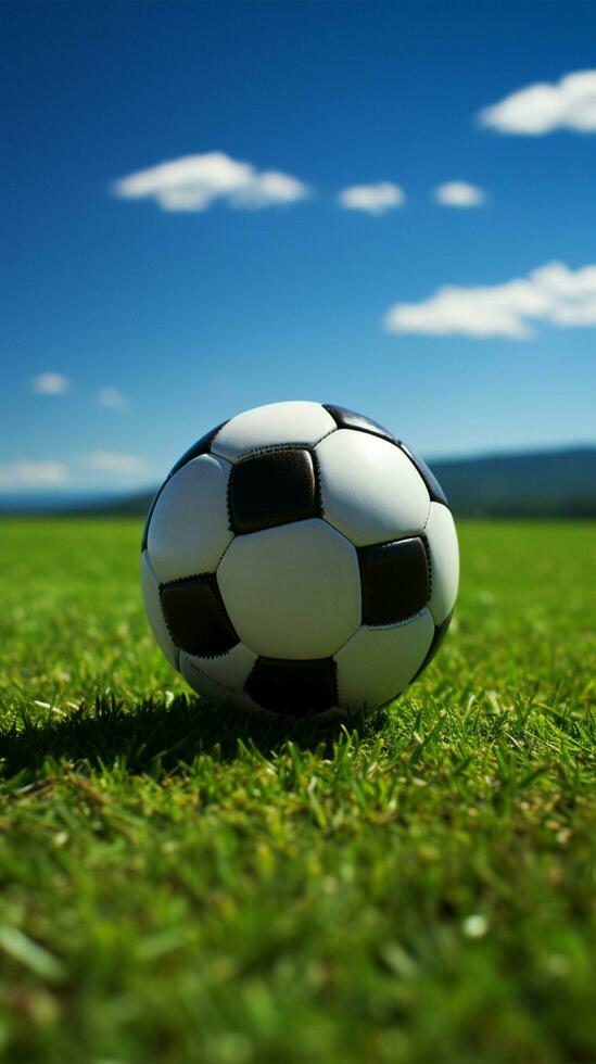 fútbol campos esencia capturado con un prominente fútbol pelota vertical móvil fondo de pantalla ai generado foto