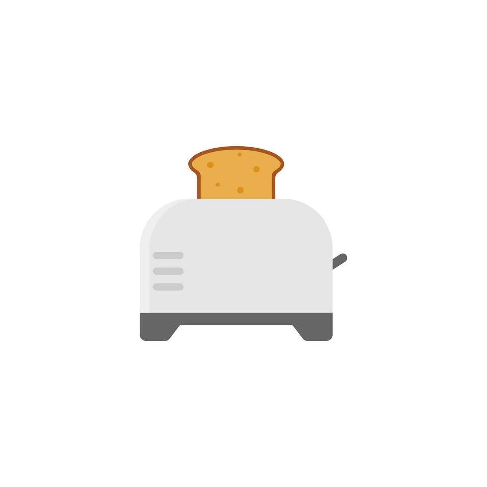 Steel toaster icon with slice of bread. Vector flat style illustration on white background. Home appliances cooking kitchen home equipment