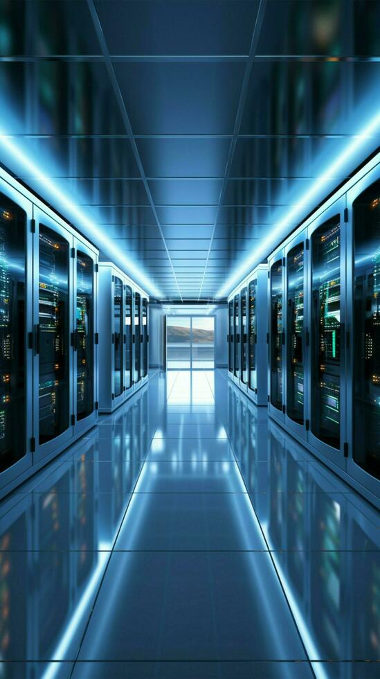 3D rendering of a white server room with computer storage systems Vertical Mobile Wallpaper AI Generated photo