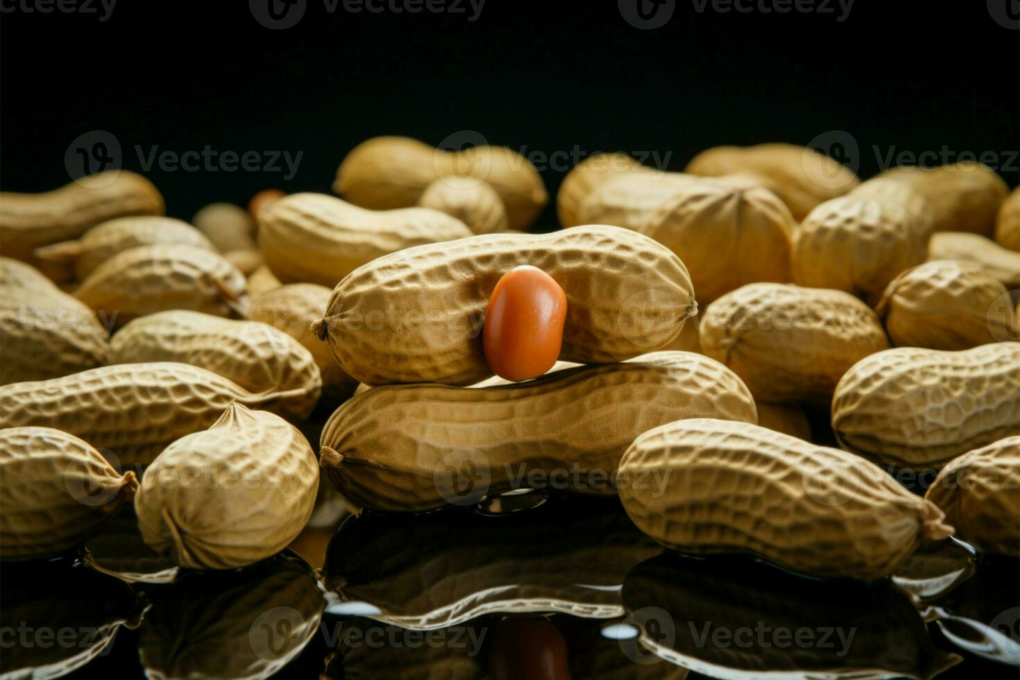 Contrast A lone peeled peanut surrounded by unpeeled counterparts AI Generated photo